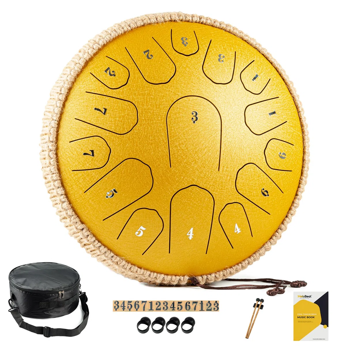 MeloBeat Tongue Drum Handpan - Tambor de Lengua de 13 Pulgadas 15 Notas - Set Profesional en Re Mayor Incluye Libro de Canciones de Tambor de Lengua, Clave D (Dorado)