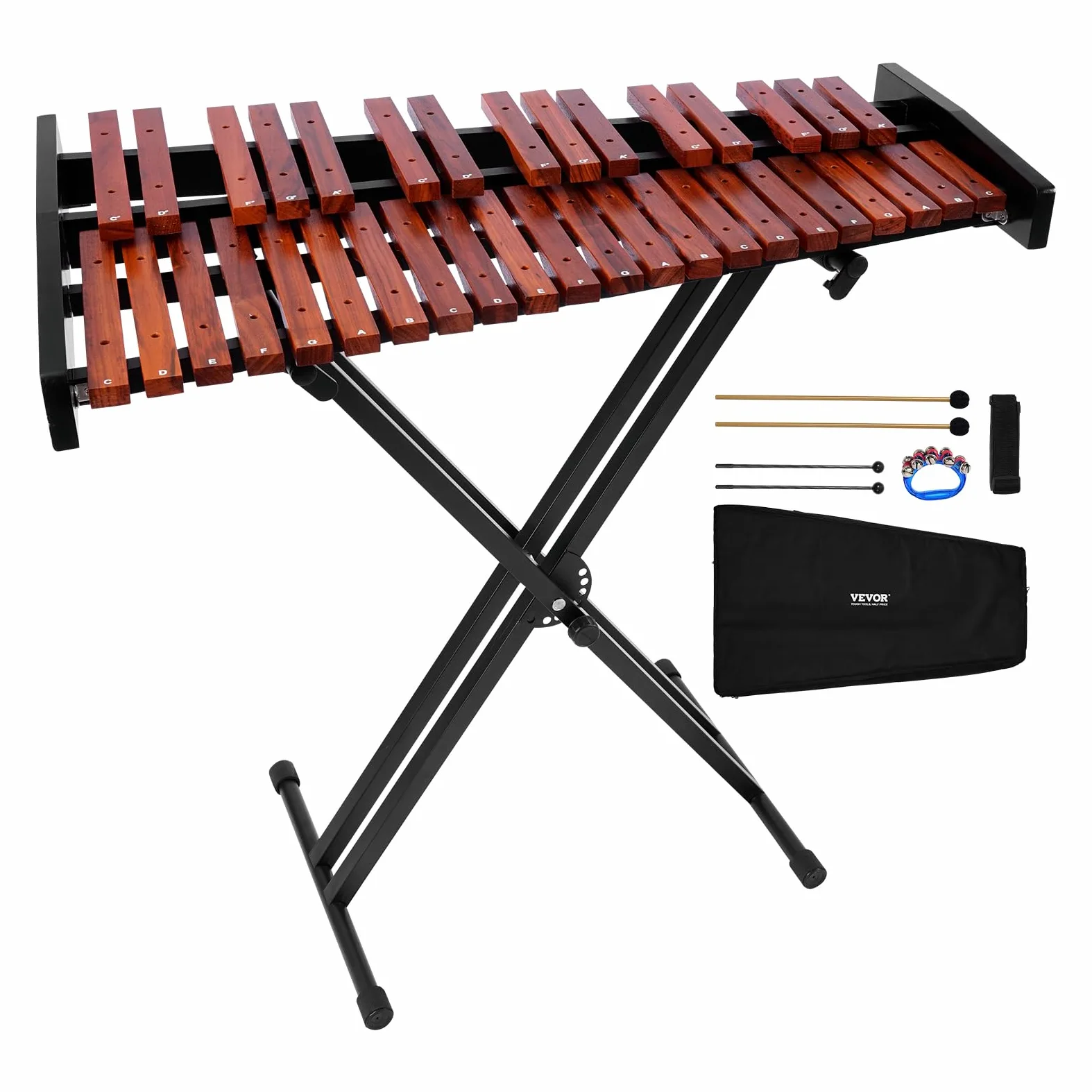 VEVOR Xilófono Glockenspiel de 37 Notas, Instrumento de Percusión Profesional de Madera, con Soporte de Altura Ajustable, 4 Mazos y Bolsa de Transporte, para Principiantes, C4-C7, Color Marrón