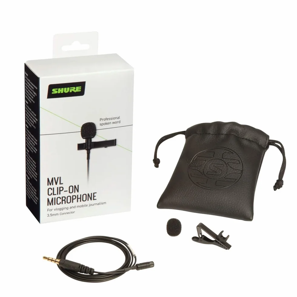 Shure MVL Micrófono Lavalier para iPhone y tableta - Clip externo en el micrófono de la solapa mini para grabación de video y vlogging con conector de 3.5 mm, parabrisas, soporte y bolsa de transporte
