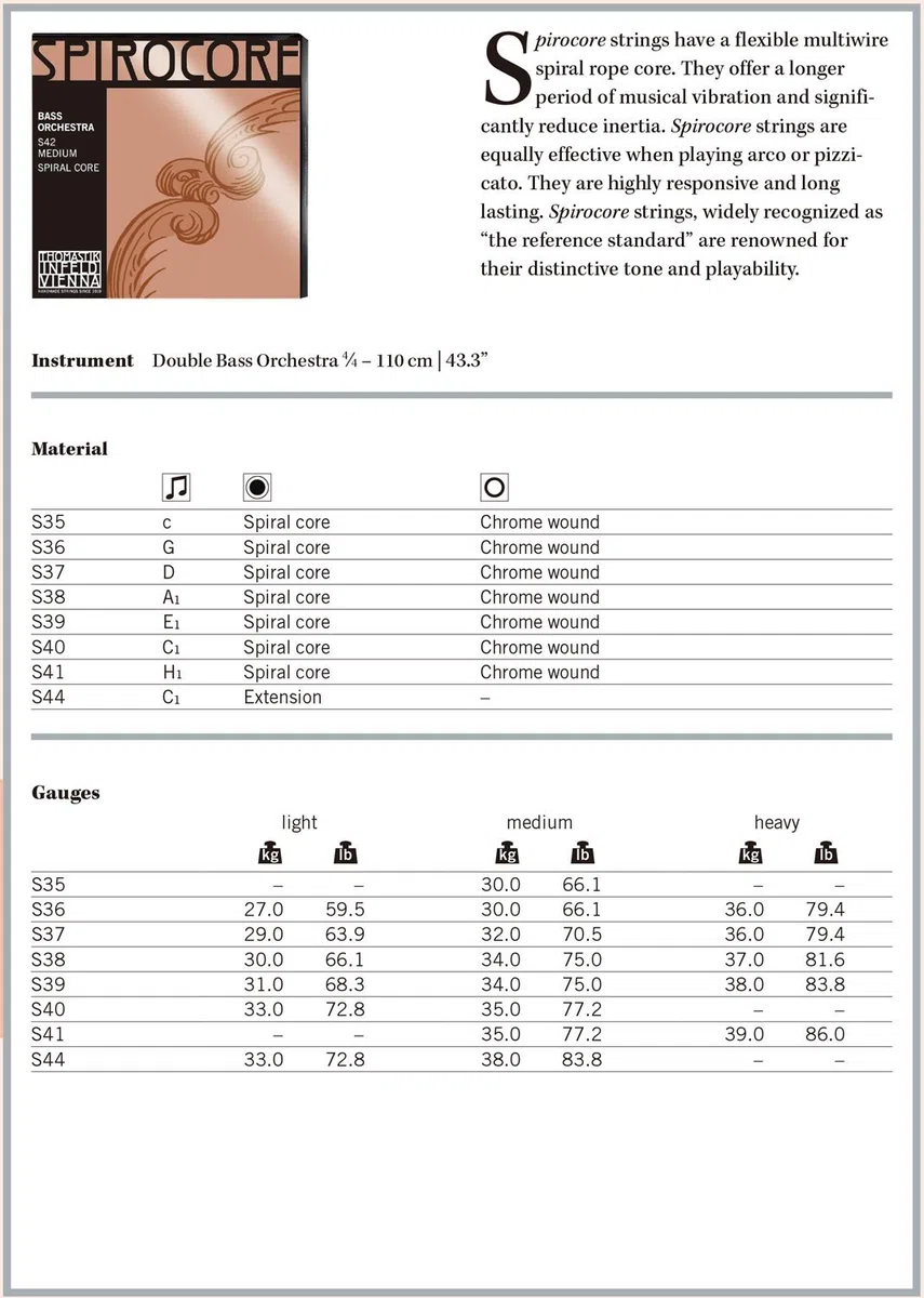 Thomastik Cuerda para Contrabajo 4/4 Spirocore - cuerda Sol núcleo flexible en espiral, entorchado cromo, afinación para orquesta, medio