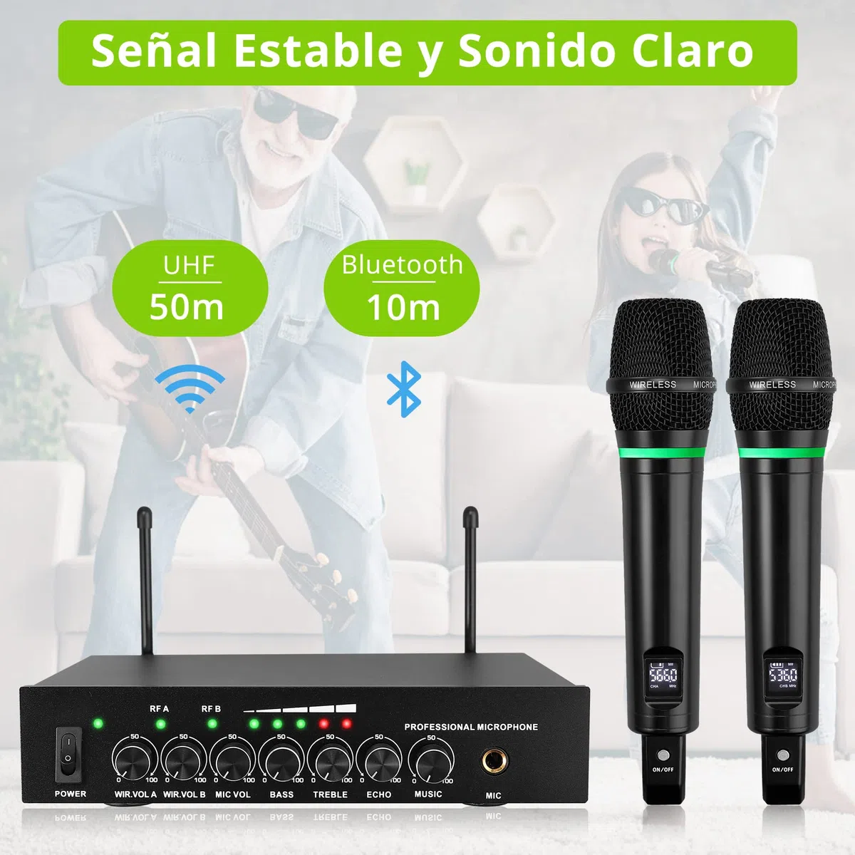 LiNKFOR Sistema de Micrófono Inalámbrico Bluetooth 5,0 UHF Micrófono Dual Recargable con Control de Volumen Agudos Bajos Eco para Karaoke Fiestas Bodas DJ Iglesia Amplificadores Altavoces