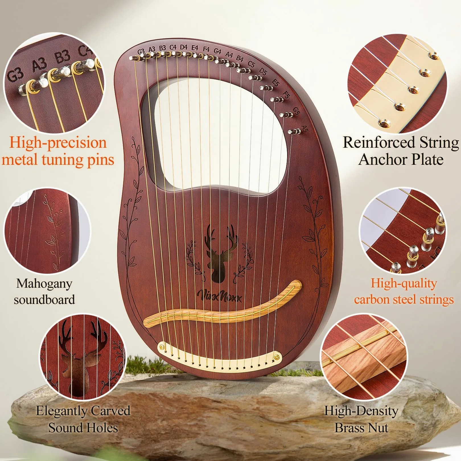 Arpa de lira, 16 cuerdas de metal de caoba, arpa de lyra, instrumentos musicales de cuerda con llave de afinación, juego de cuerdas de repuesto, libro manual