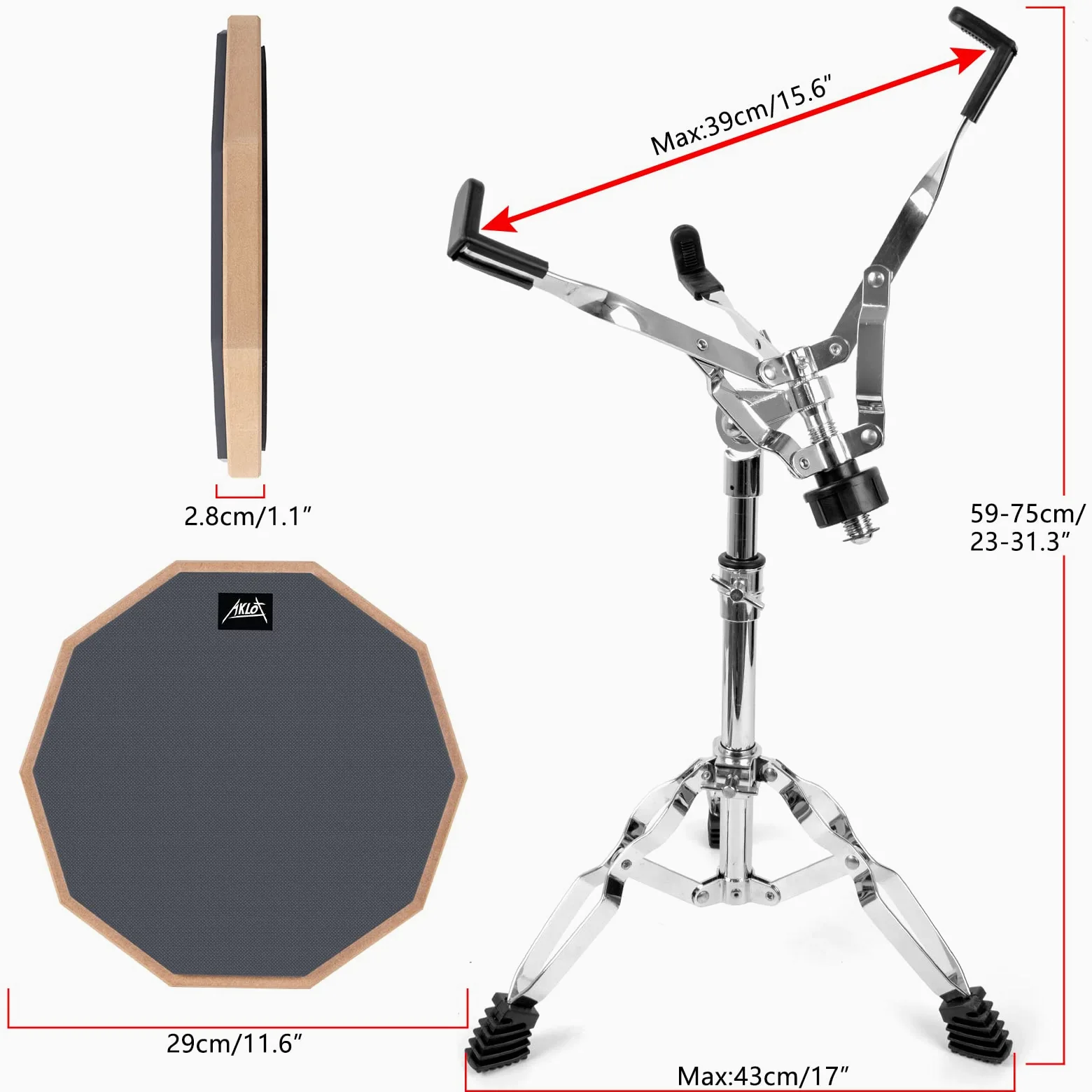 Pad practica bateria AKLOT pad allenamento batteria silicona 12"para adultos con soporte de caja doble cara baquetas bolsa
