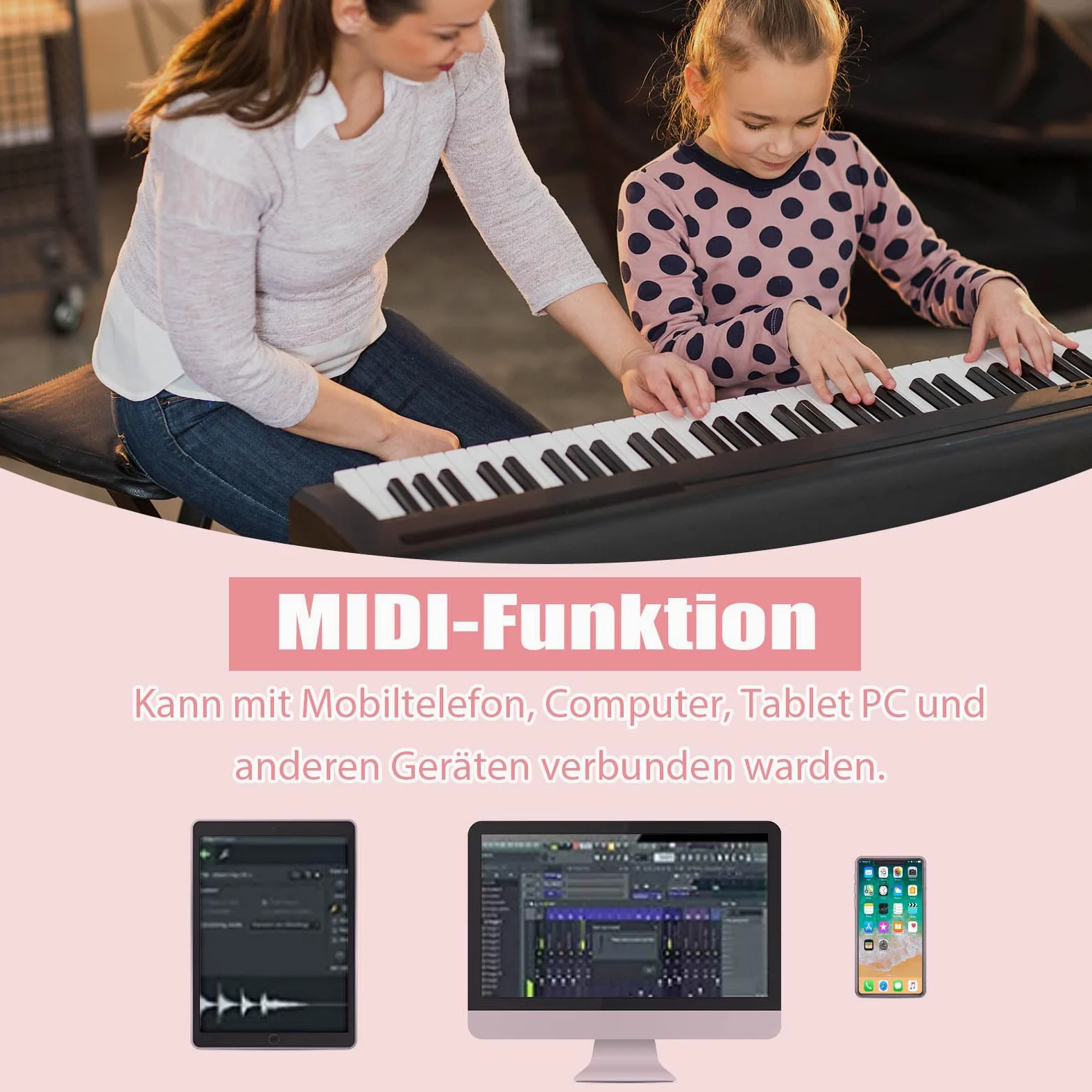 KOMFOTTEU Piano Digital 88 Teclas Multifuncional, Teclado de Pianos Electrónicos, Piano Electrónico con Función Bluetooth, Ajuste Dinámico, 126,5 x 18 x 6,5 cm, Negro