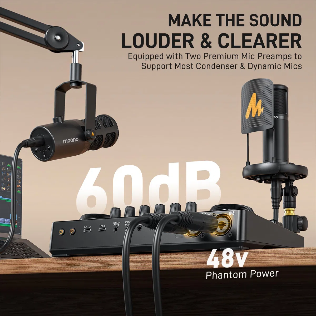 MAONO Paquete de equipo para podcast: Mezclador de interfaz de audio con entrada XLR dual para transmisión de podcasts - MaonoCaster E2 Gen2