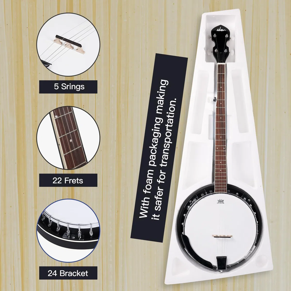 ADM Kit de banjo de 5 cuerdas para principiantes con cabeza Remo, banjos de tamaño completo con parte trasera cerrada en 24 soportes con lecciones gratuitas y accesorios de inicio para adultos y