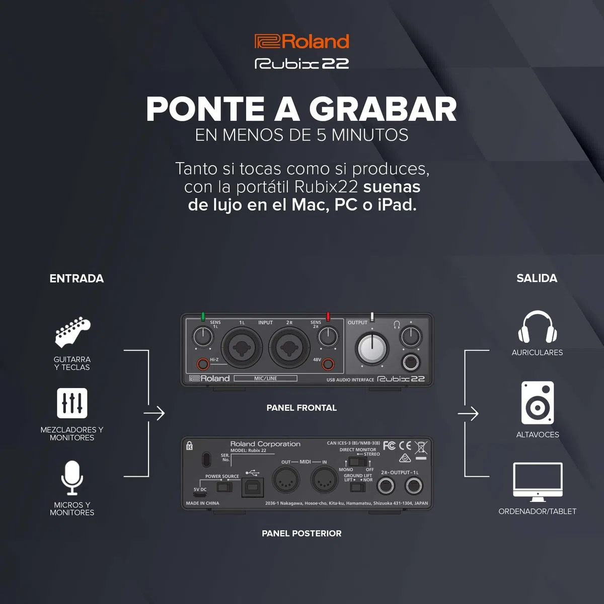 Roland Rubix22 Interfaz de audio USB de dos entradas y dos salidas | Audio en alta resolución | Graba con micros, guitarras, teclas y más | Compacto y resistente | Compatible con Mac, PC y iPad