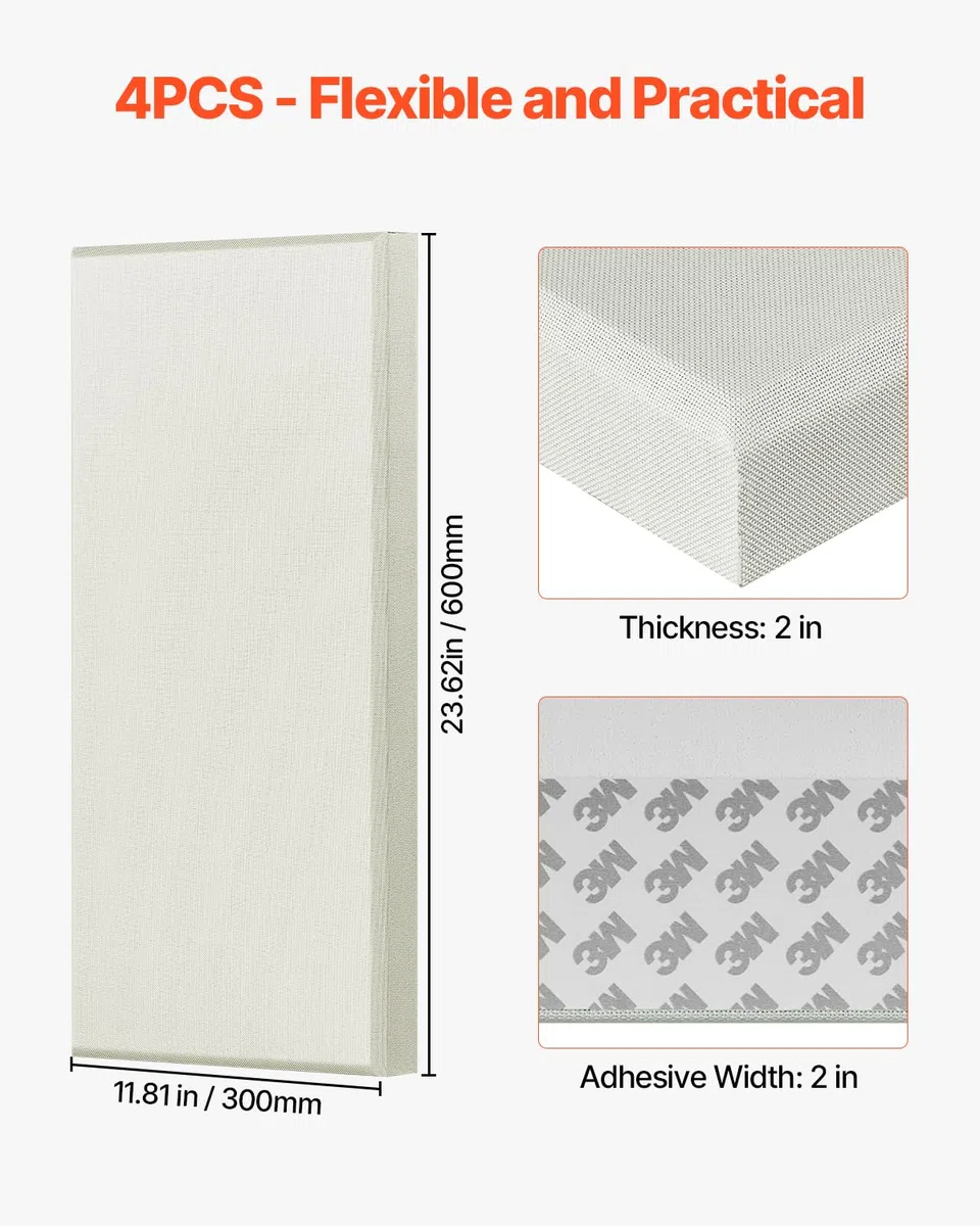 VEVOR Paneles Acústicos de Fibra de Vidrio, Paneles de Absorción de Sonido, Insonorizados Autoadhesivos, para Estudios, Oficinas, Cine en Casa, Salas de Reuniones, Beige, 600 x 300 x 50 mm, 4 uds