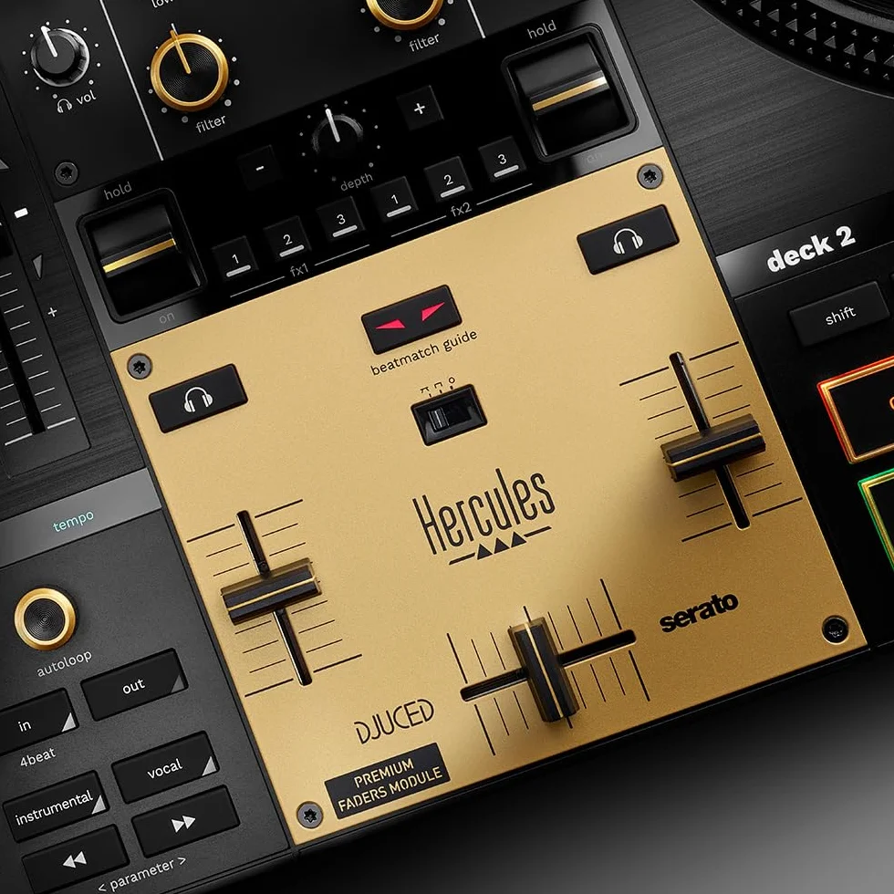 Hercules DJControl Inpulse T7 Premium Fader Module - Módulo de 3 Faders de Alta Gama para Controladora T7 (Deslizamiento Ultra-Suave, Ideal para Scratch, Recambio Oficial) Negro/Dorado