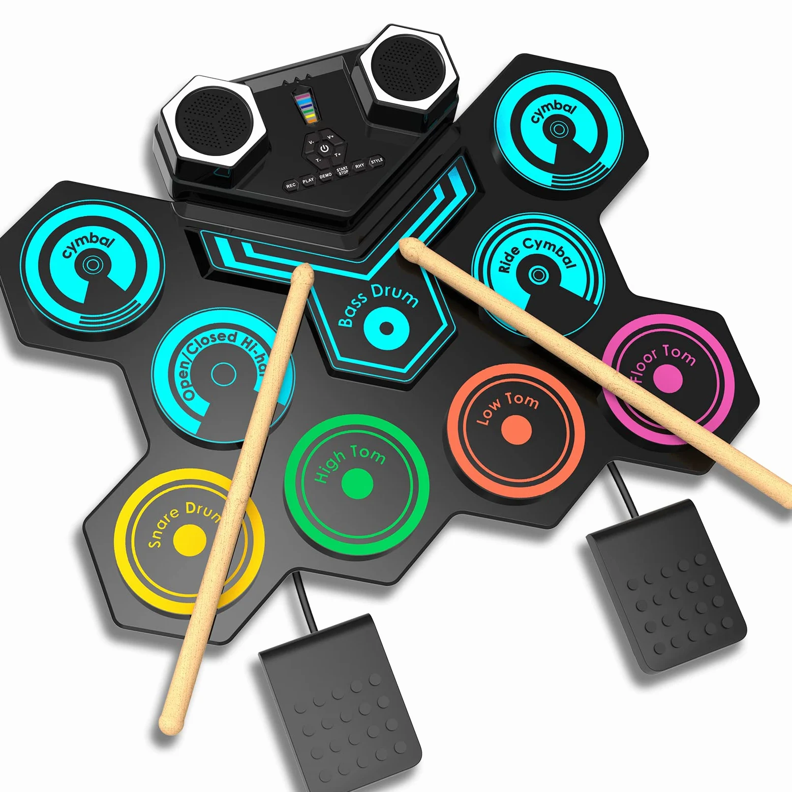 Batería Electrónica Portátil - CNAPXAIA Bateria Niños con Altavoces Estéreo Incorporados, Set de Batería Eléctrica de Silicona de 9 Pads para Niños Adultos Principiantes