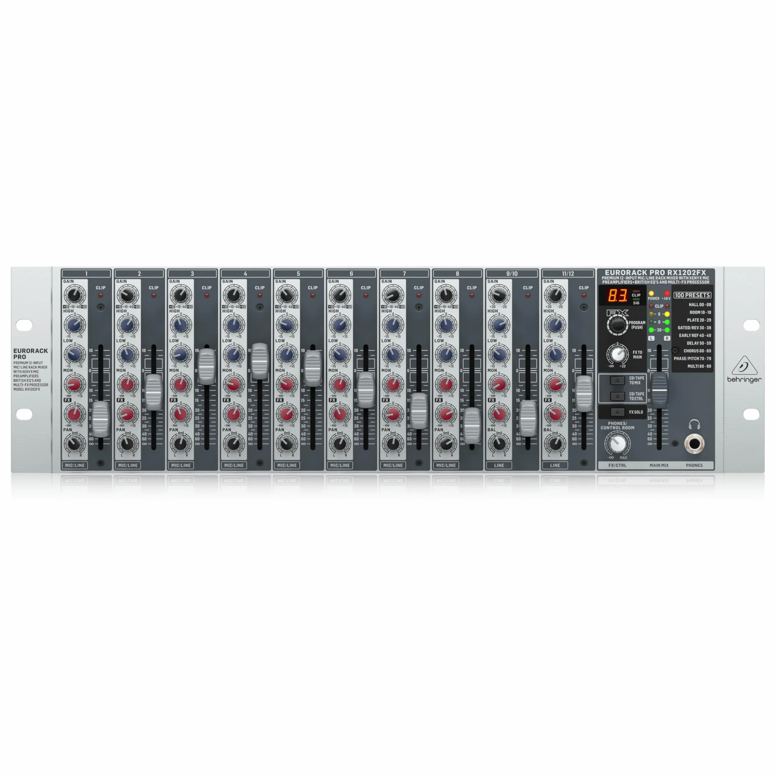 Behringer RX1202FX Premium Mezclador de rack de 12 entradas de micrófono/línea con preamplificadores de micrófono XENYX, ecualizadores británicos y procesador Multi-FX