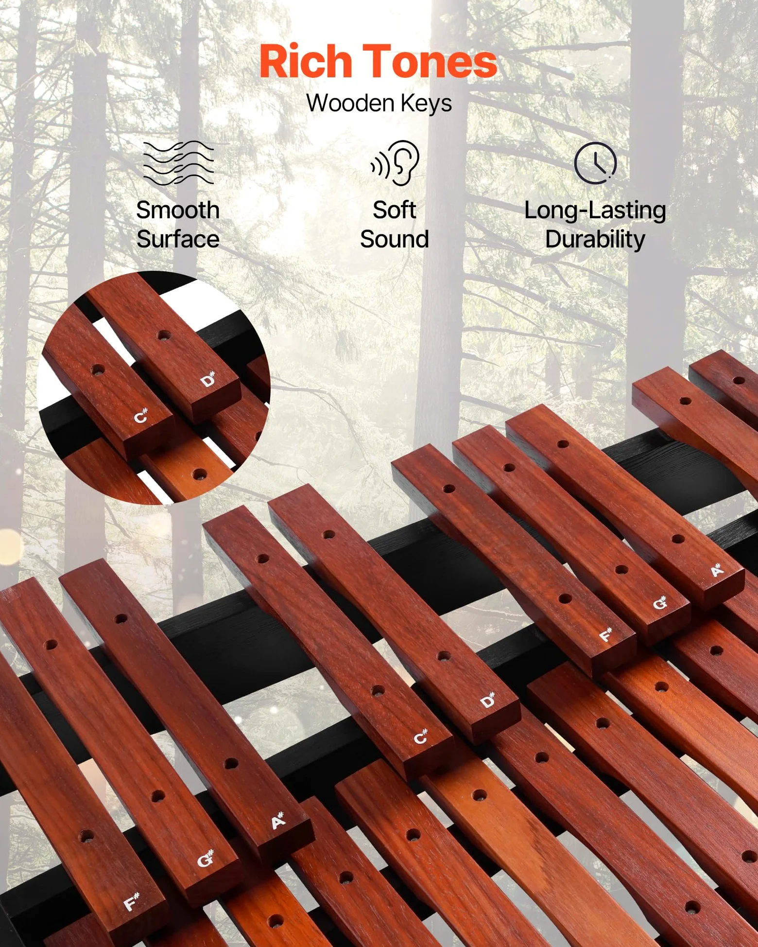 VEVOR Xilófono Glockenspiel 32 Notas, Instrumento de Percusión Profesional de Madera, con Soporte de Altura Ajustable 320–950 mm, 4 Mazos y Bolsa de Transporte, para Principiantes, Amplio Rango