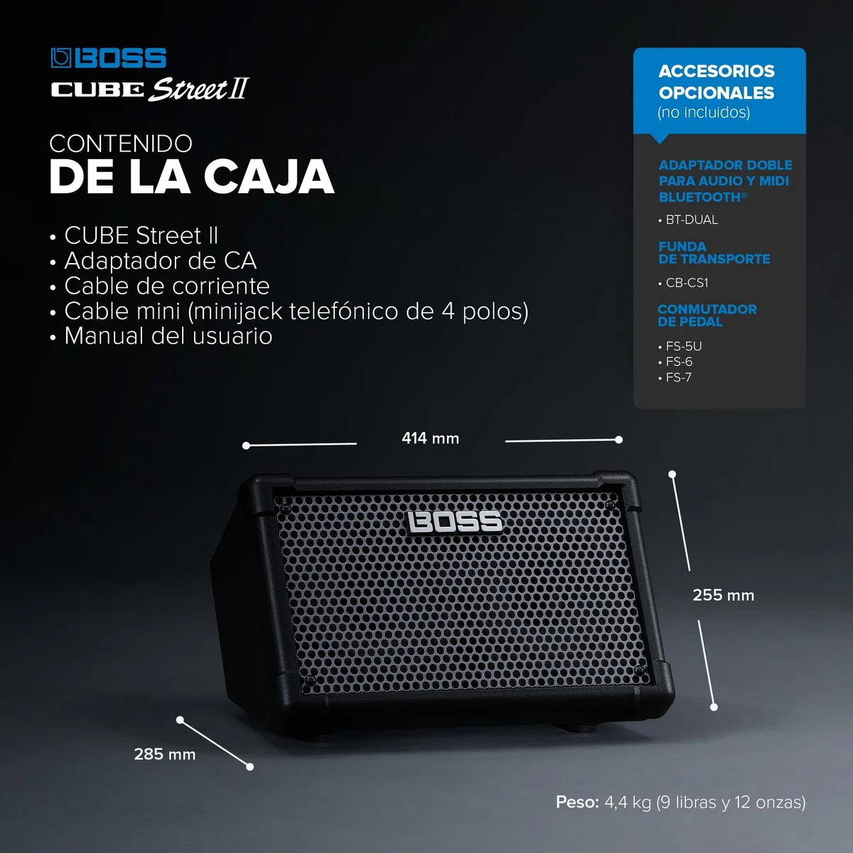 BOSS Cube Street II | Amplificador estéreo de batería portátil | Sonido Ideal para Artistas callejeros | Admite micros, Instrumentos y Dispositivos de Audio | Negro