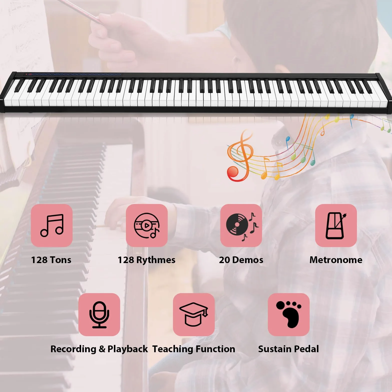 KOMFOTTEU Piano Digital 88 Teclas Multifuncional, Teclado de Pianos Electrónicos, Piano Electrónico con Función Bluetooth, Ajuste Dinámico, 126,5 x 18 x 6,5 cm, Negro