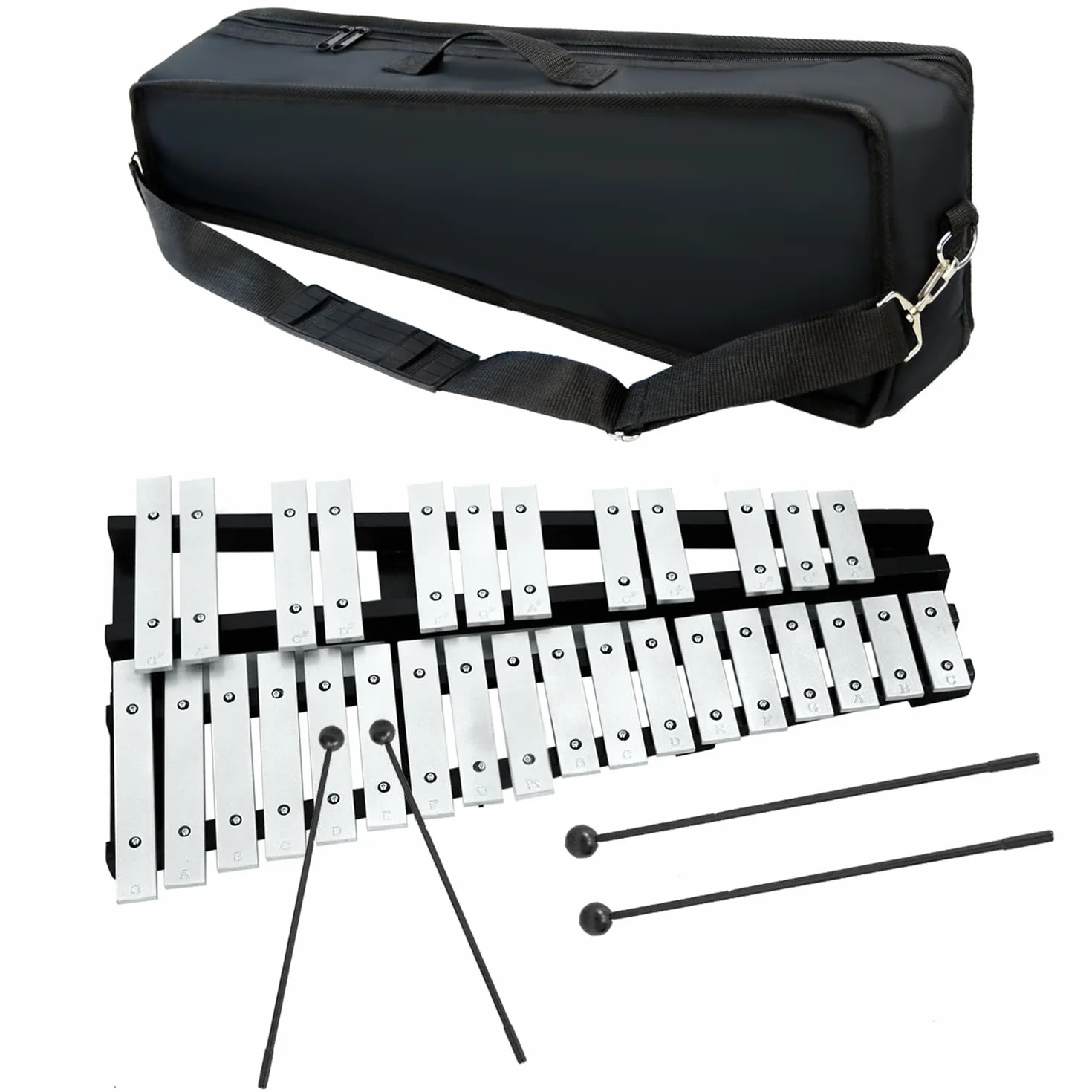 OUUTMEE metalofono Carillón de aluminio, 30 notas, xilófono, barras con 2 baquetas, soporte con maletín de almacenamiento