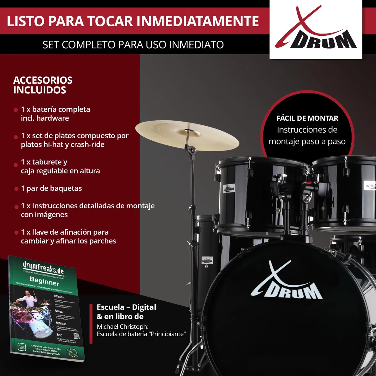 XDrum Rookie 22" Standard Set Completo de Batería Black - Ideal para Principiantes - Hardware Estilosa en negro - Incluye Baquetas 5B, Manual de Montaje y Escuela de Batería - Negro