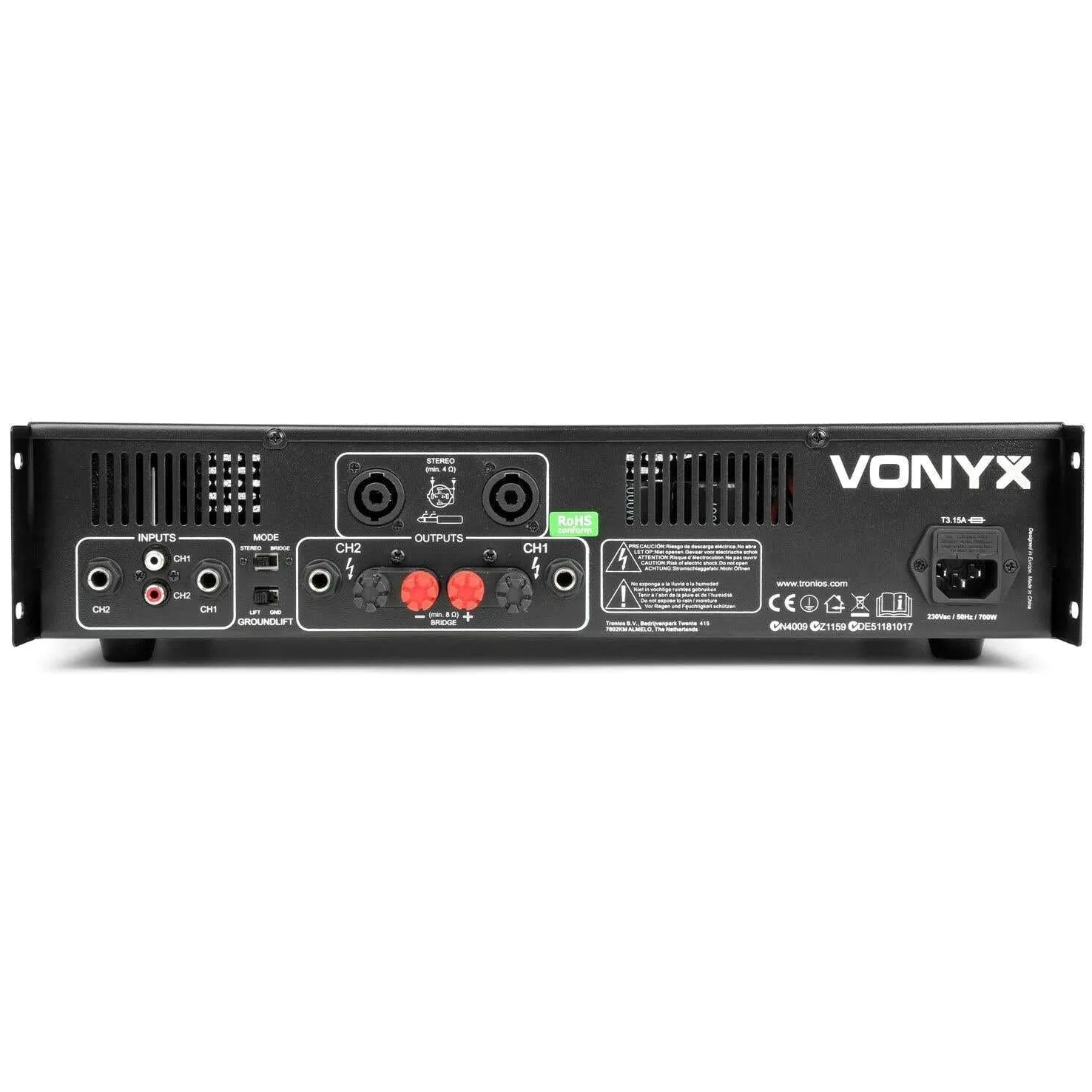 Vonyx VXA- 1200 - Amplificador profesional, 2x 600 vatios, conexión puente, amplificador estéreo ideal para DJ, disco móviles, bares y eventos. Fácil instalación y Montaje en Rack de 19"