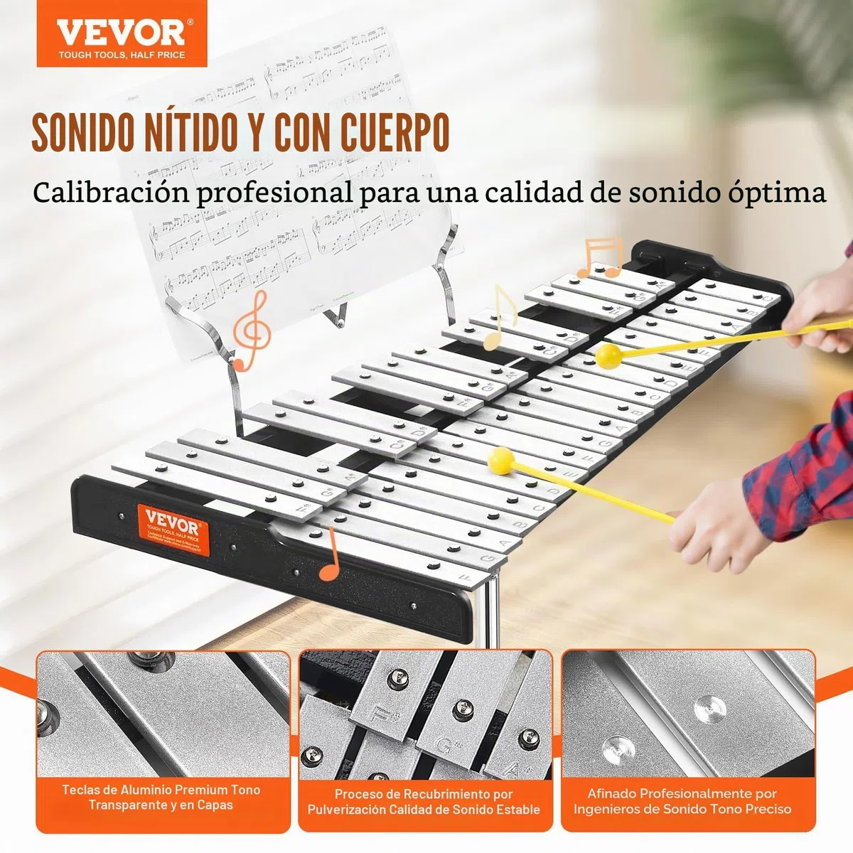 VEVOR Kit de campana de xilófono Glockenspiel de 32 notas, juego de instrumentos de percusión profesional con mazos, baquetas, atril, soporte ajustable y bolsa de transporte para estudiantes y adultos