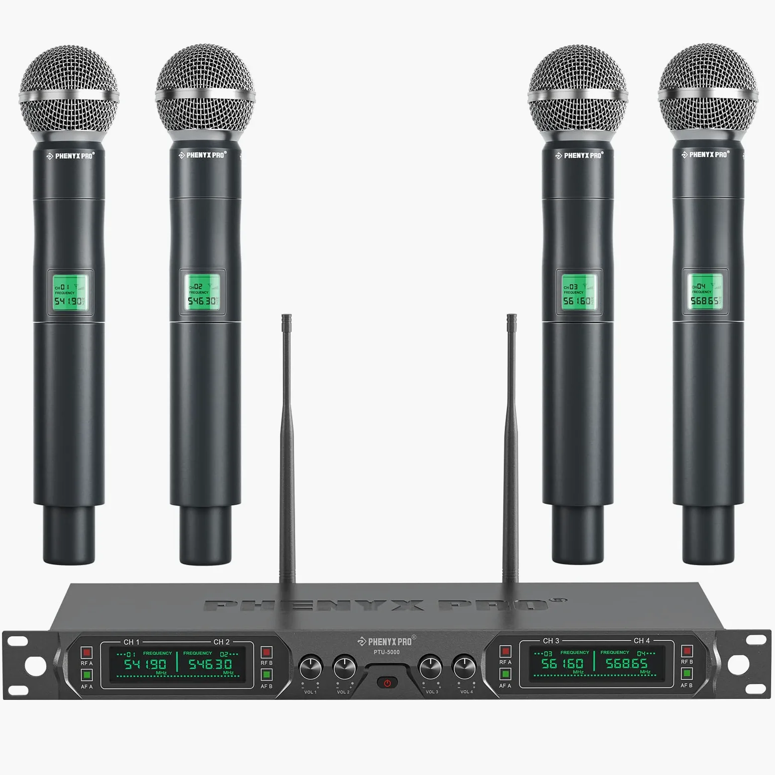 Phenyx Pro 4-Canales UHF Sistema de Micrófono Inalámbrico de Metal, de Frecuencia Fija con 4 Micrófonos Dinámicos de Mano, Alcance de 260ft, para Cantar, Iglesia(PTU-5000-4H)