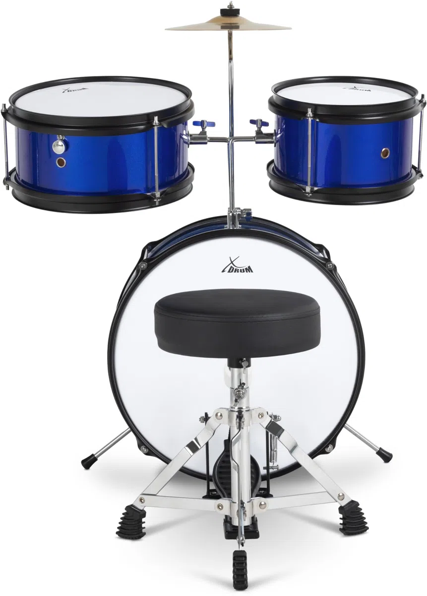 XDrum Junior KIDS Batería incl. Escuela - Batería compacta para niños de 3 a 5 años, montaje muy fácil, con escuela, taburetes, varillas y llave de ajuste, color azul