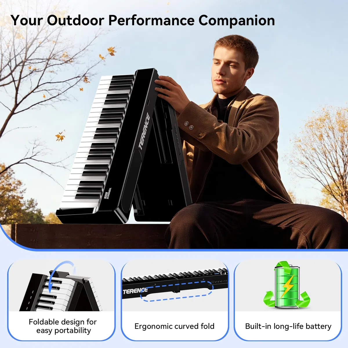 TERENCE V70 Piano Eléctrico 88 Teclas Contrapesadas Piano Digital con 4 Altavoces 20W×2+5W×2 –Incluye Funda y Auriculares – Ideal para Exámenes y Estudio – Negro Brillante