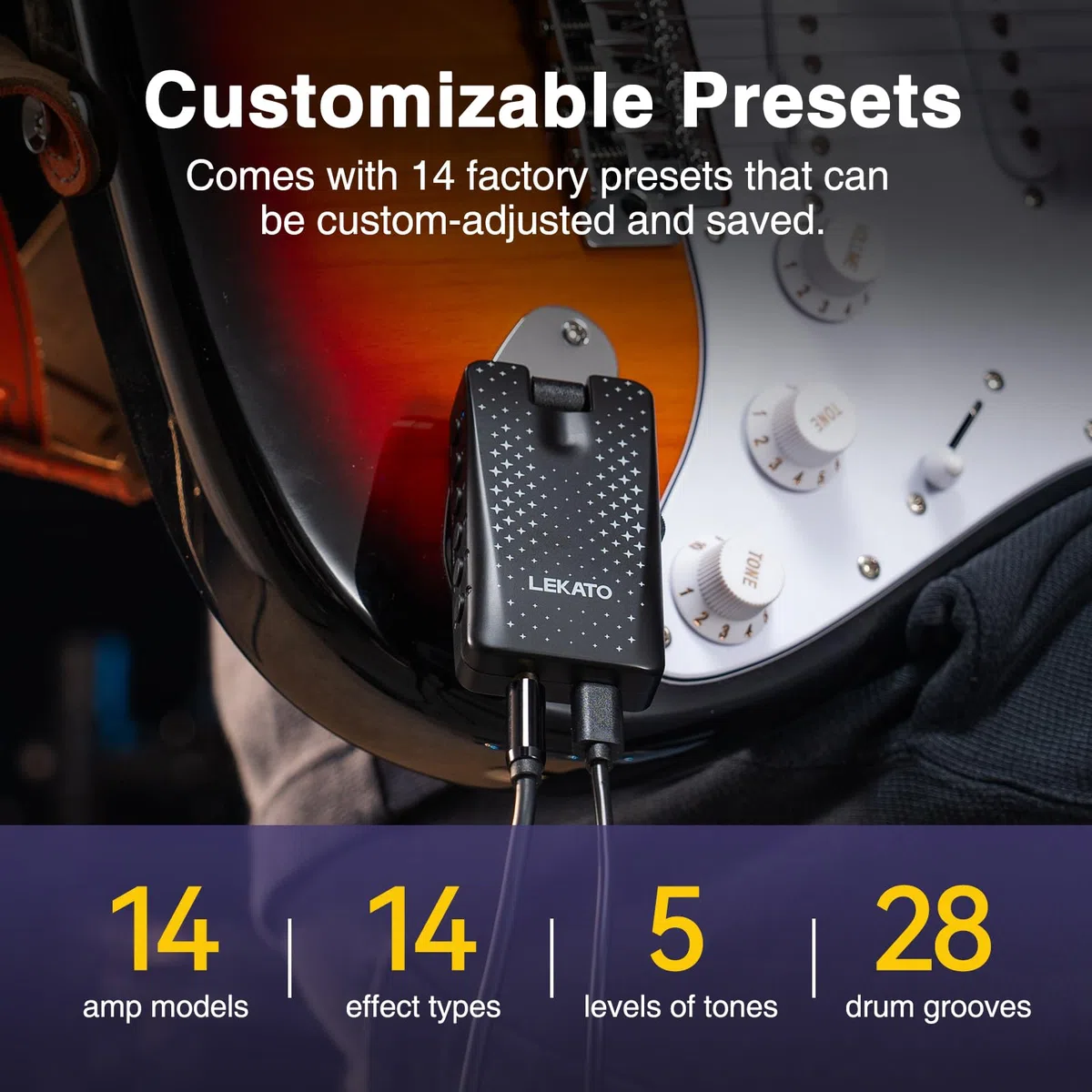 LEKATO Mini amplificador de guitarra con 14 ajustes, procesador recargable, con 14 modelos de amplificador, 14 efectos incorporados, 28 ranuras de tambor, Bluetooth