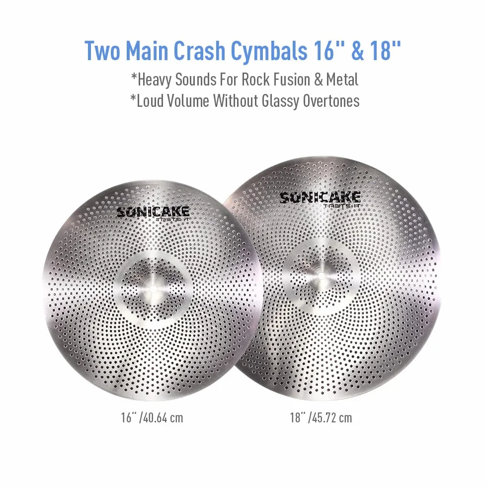 SONICAKE Juego de platillos de bajo volumen 14" HiHat+16" Crash+18" Crash+20" Ride Cymbal Set Plata 5 piezas con bolsa de cadera y accesorio