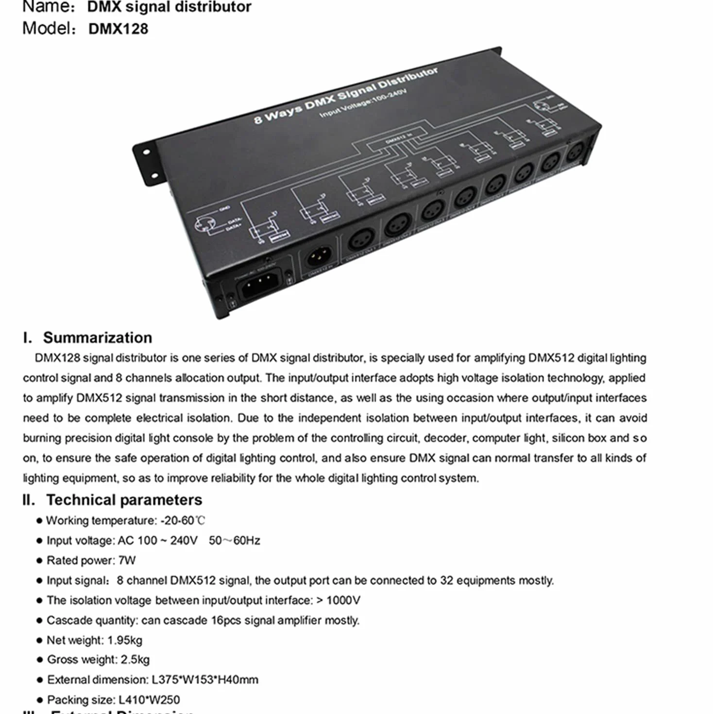 DMX512 - Divisor de luz de escenario profesional para amplificador de señal de luz, distribuidor DMX de 8 vías para equipos de escenario