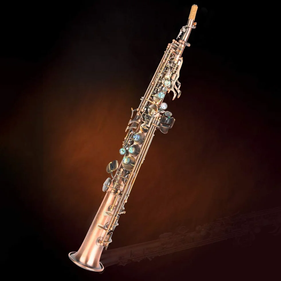 Saxofón de Cobre Rojo Profesional Set B Saxofón de Soprano Plano Saxo Recto con Bolsa de Transporte Instrumento de Viento