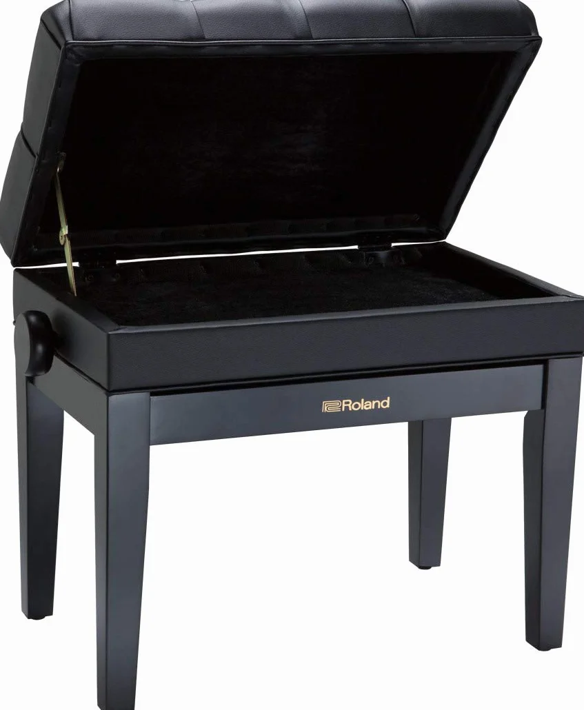 Banco de piano de Roland en negro pulido con asiento de vinilo y compartimento para partituras - RPB-500PE