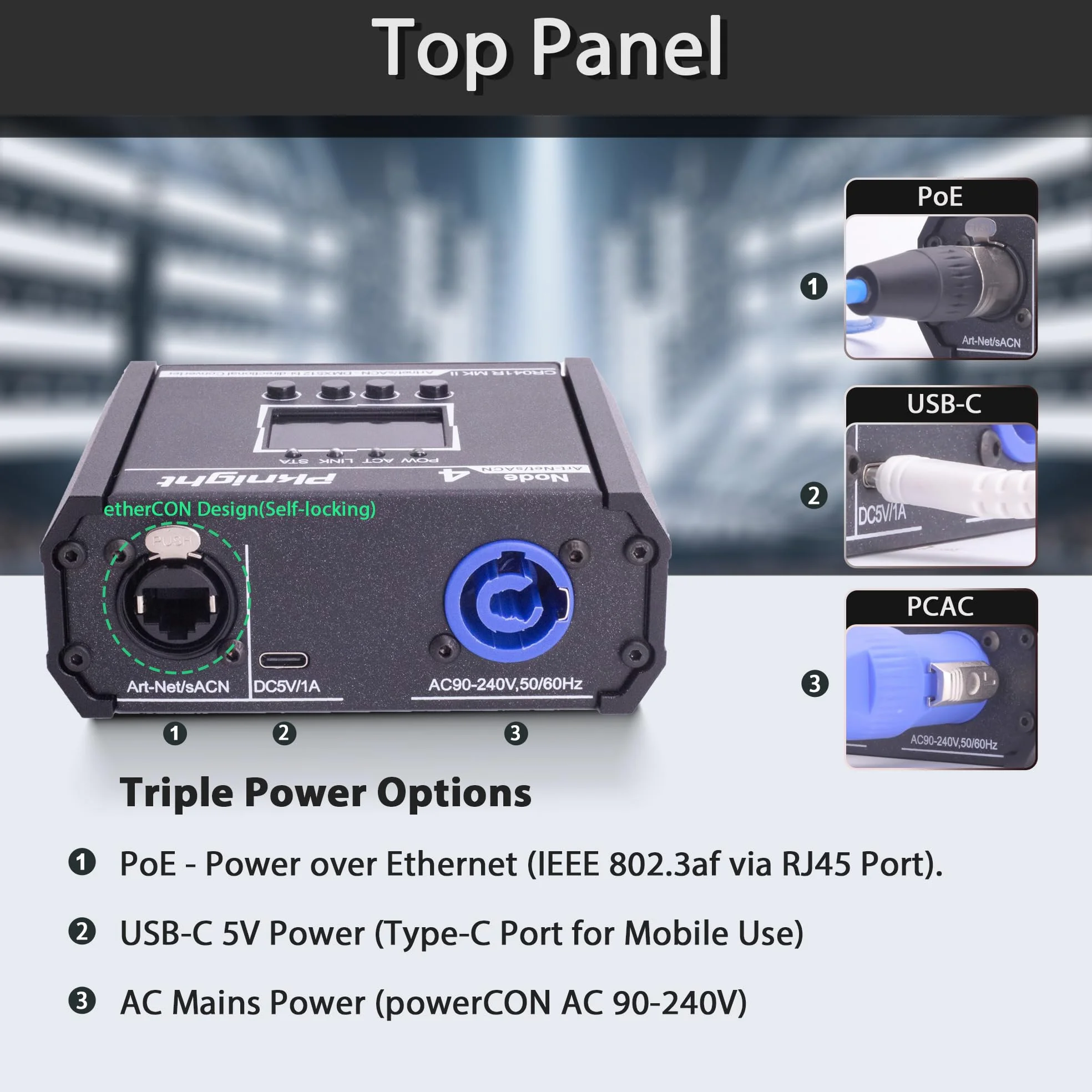 Pknight Convertidor Bidireccional de 4 Puertos Art-Net/sACN a DMX512, un nodo compacto con PowerCON, PoE y USB-C para iluminación escénica – CR041R MK II