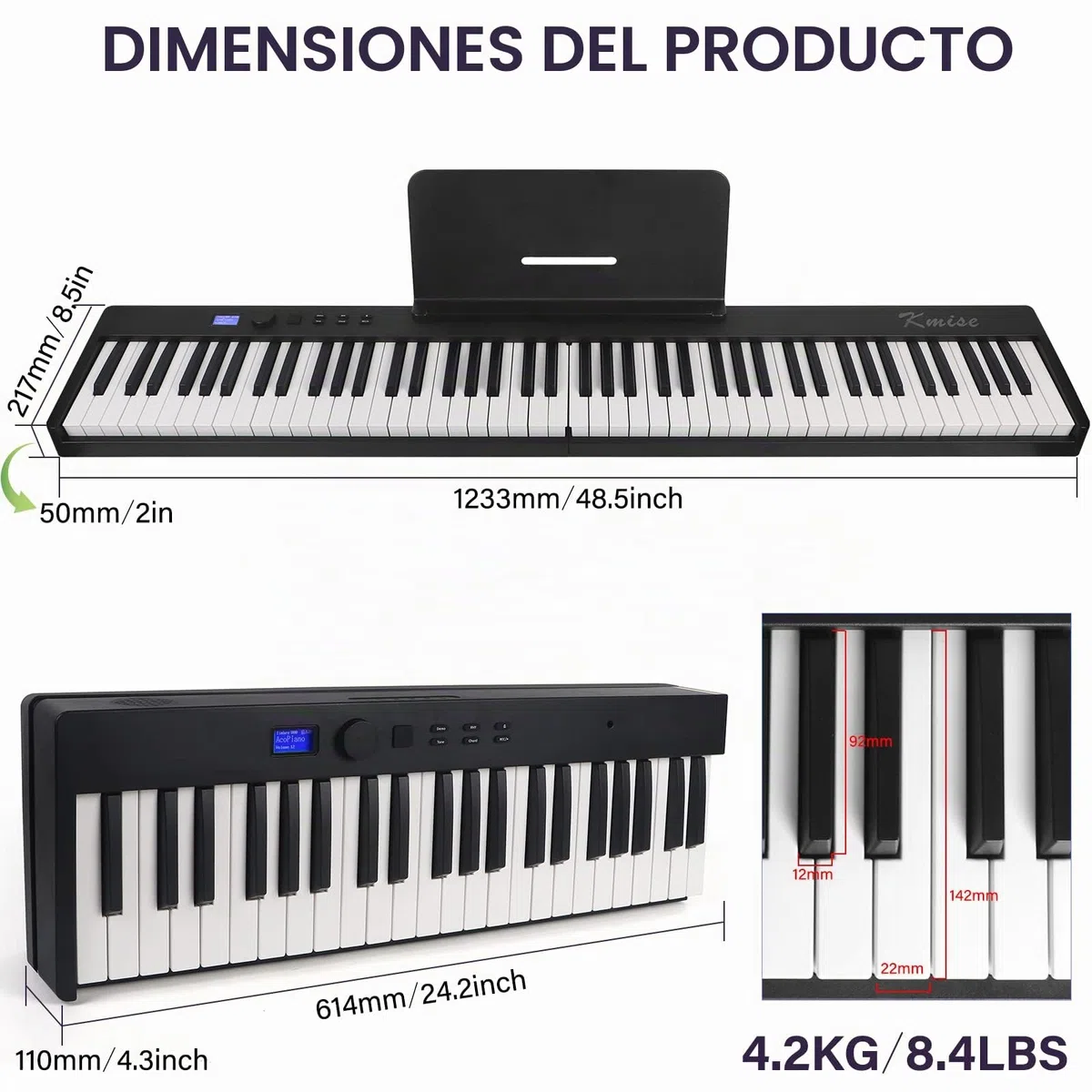Teclado de piano plegable Kime, teclado eléctrico Piano 88 teclas Teclado plegable de piano digital semiponderado con pedal de sustain Bluetooth MIDI, cartera de música, bolsa de transporte