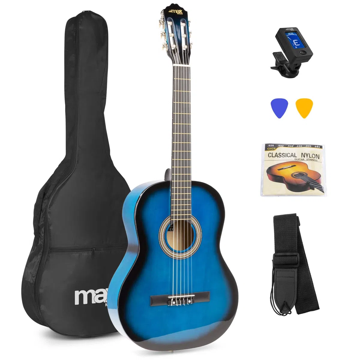 MAX SoloArt Guitarra Clásica Azul para Principiantes y Adultos - Set Completo con Funda, Reposapiés, Afinador Digital, Cuerdas Extra, Correa y Púas - Sonido Cálido y Estilo Moderno