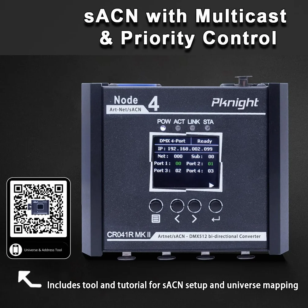 Pknight Convertidor Bidireccional de 4 Puertos Art-Net/sACN a DMX512, un nodo compacto con PowerCON, PoE y USB-C para iluminación escénica – CR041R MK II