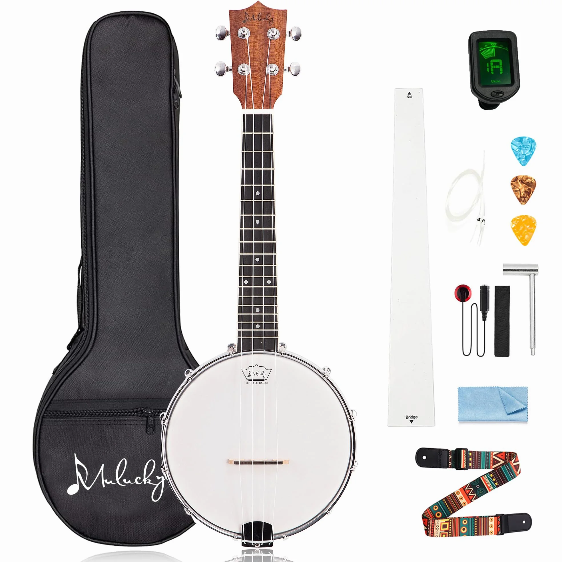Mulucky Banjolele,Juego de 4 cuerdas para ukelele de banjo, tamaño de concierto de 23 pulgadas, parte trasera cerrada de madera maciza, bolsa de sintonizador, correa de correa de cuerda – BU806