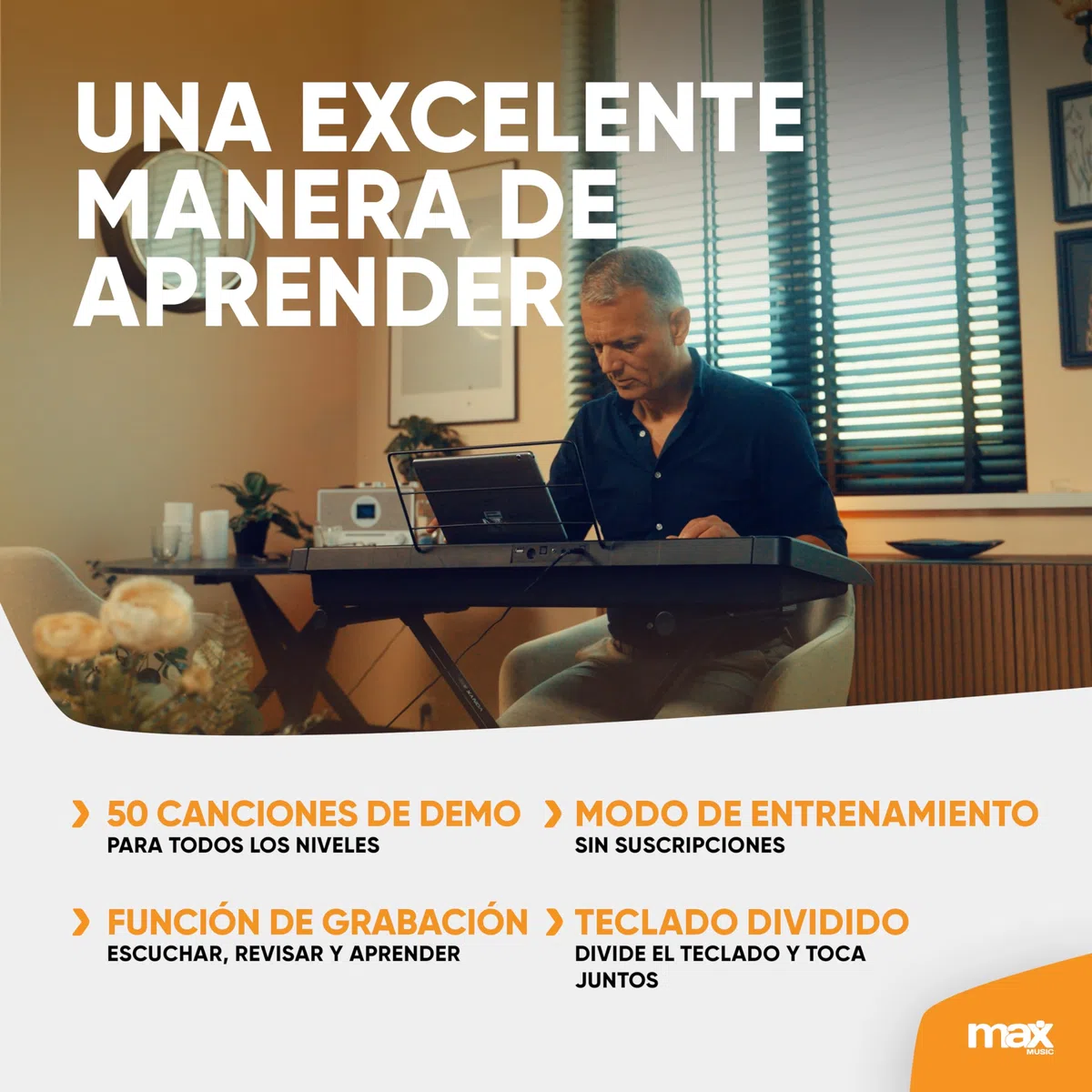 MAX Rhapsody61 - Piano eléctrico de 61 teclas para principiantes con función de aprendizaje, 300 sonidos, altavoces integrados, pantalla LCD, 50 canciones de demo, auriculares y soporte de teclado