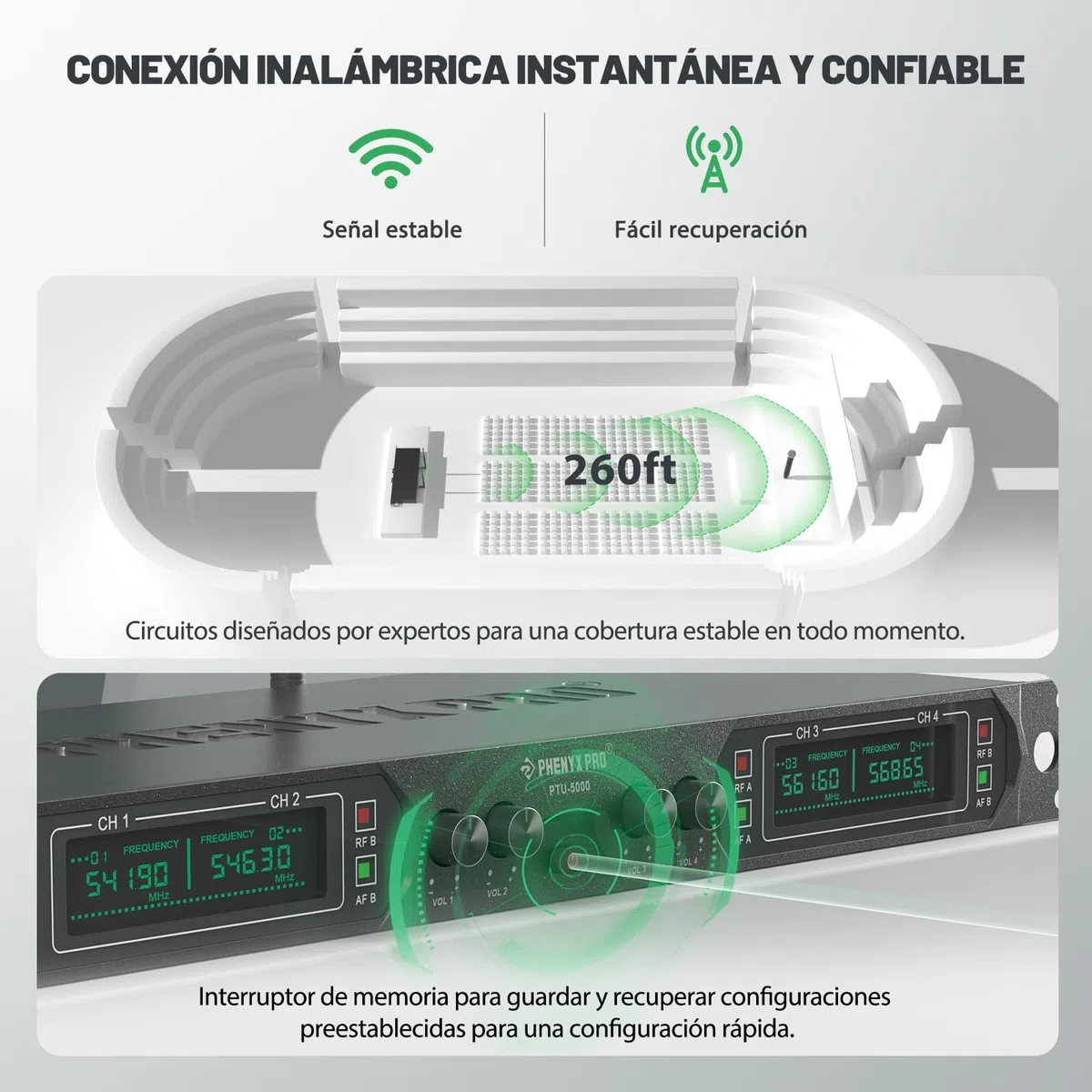 Phenyx Pro 4-Canales UHF Sistema de Micrófono Inalámbrico de Metal, de Frecuencia Fija con 4 Micrófonos Dinámicos de Mano, Alcance de 260ft, para Cantar, Iglesia(PTU-5000-4H)