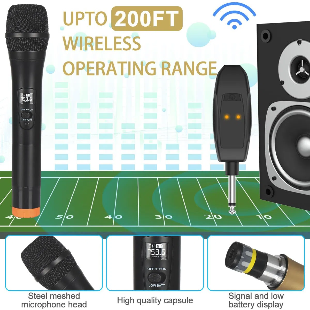 ALPOWL Micrófono inalámbrico, Sistema de micrófono dinámico inalámbrico Dual UHF, micrófono de Karaoke de Mano con Receptor Recargable para Cantar, Iglesia, discurso, Boda, Fiesta