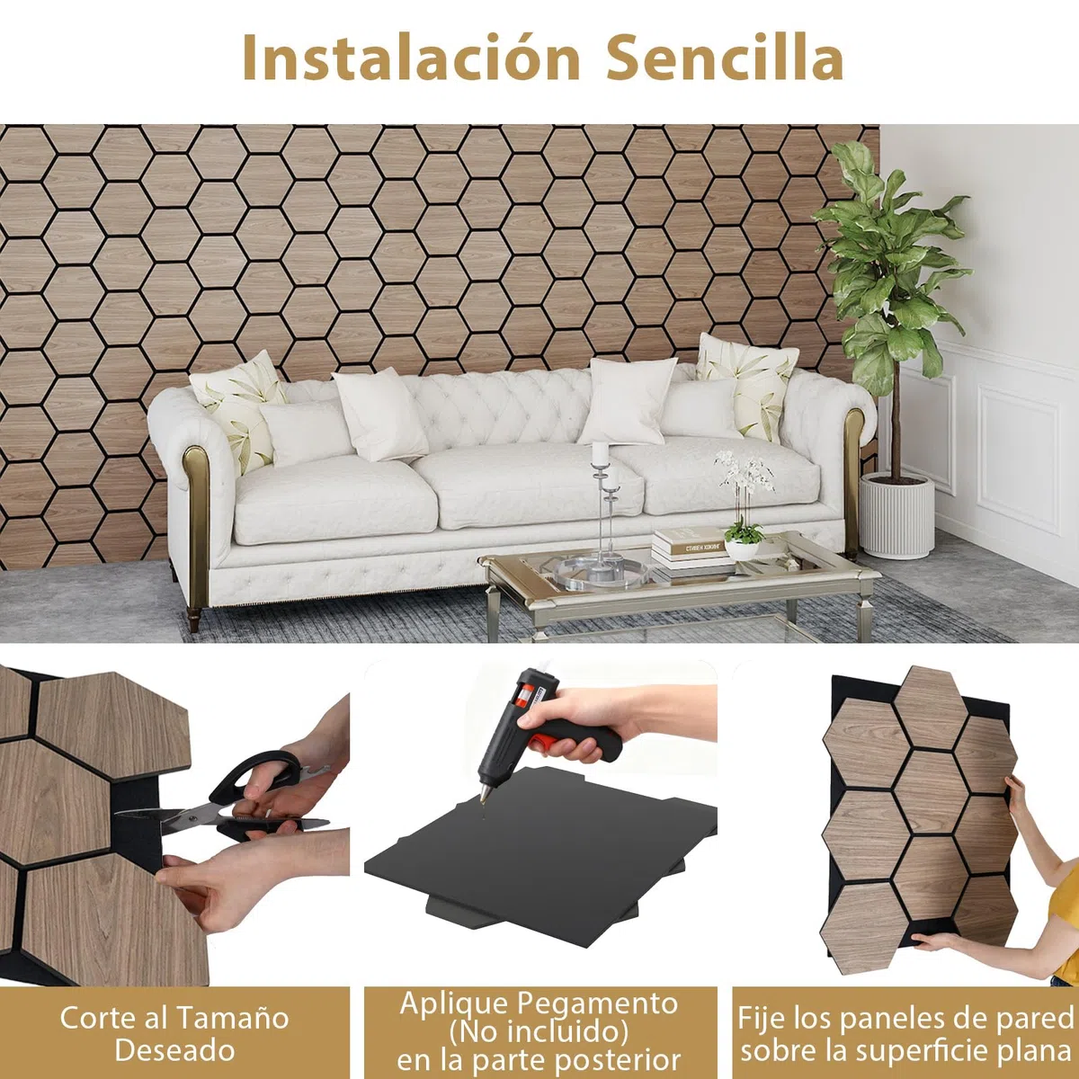 COSTWAY Lote de 4 Paneles Acústicos Decorativos para Paredes, 81 x 66 cm con 9 Tableros Hexagonales de Madera, Paneles Insonorizantes para Paredes para Estudios, Oficinas, Dormitorios, Salones