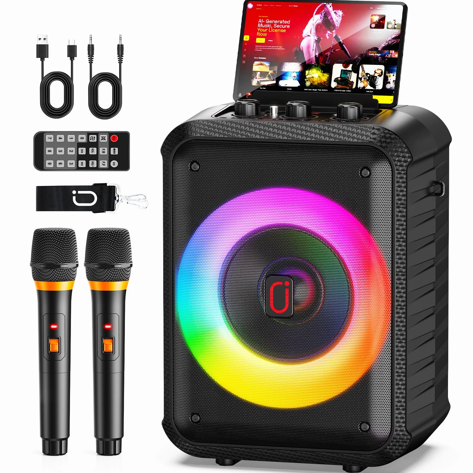 HWWR Máquina de karaoke, Dispositivo de karaoke con 2 micrófonos, Dispositivo de karaoke Bluetooth portátil con luces DJ, sistema Pa, ideal para reuniones familiares y como regalo para adultos y niños
