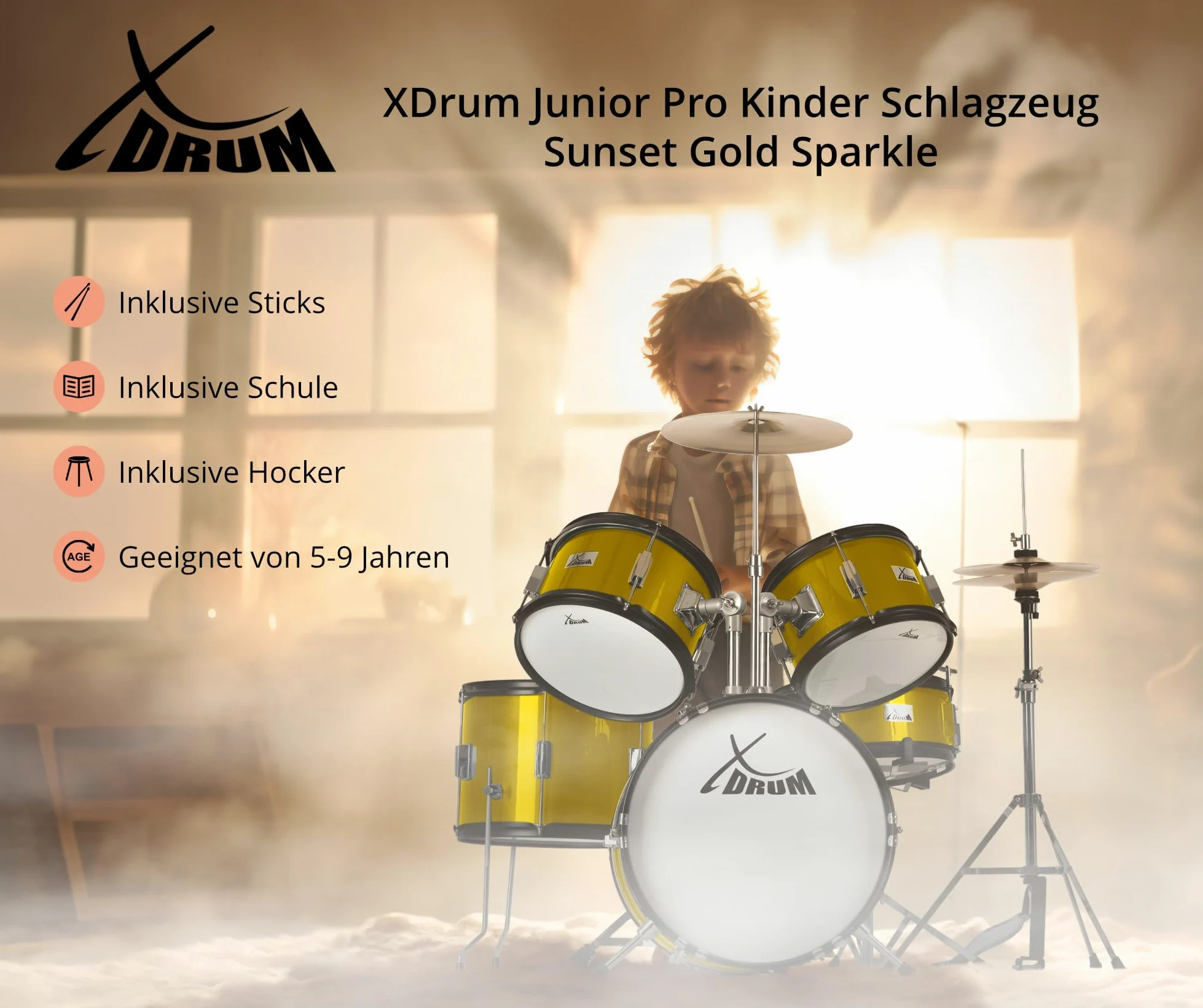 XDrum Junior Pro Batería Infantil Sunset Gold Sparkle - adecuada para 5-9 años - Set de batería con accesorios completos - incl. escuela - Naranja