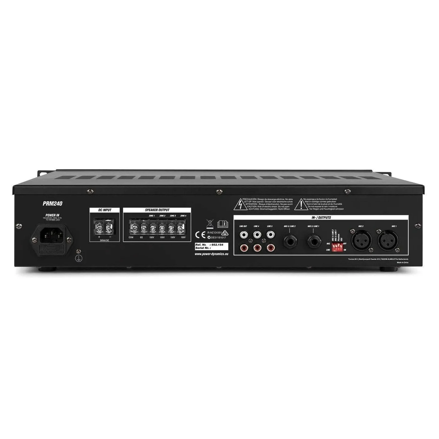 POWER DYNAMICS PRM240 Mezclador Amplificador 100V / 8 Ohmios 6 Canales 4-Zonas 240W, Bluetooth, MP3 USB, EQ, Formato Rack (100v / 240W)
