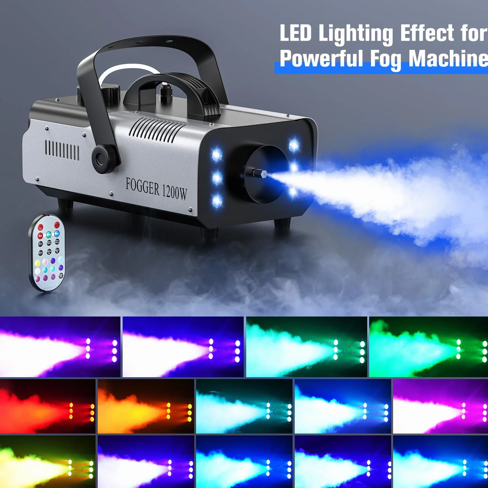 1200W Máquina de Humo con Luces Controlables, UKing RGB Maquina Niebla con Control Remoto y Tanque de 1L para Halloween, Bodas, Fiestas, Teatro, Discoteca