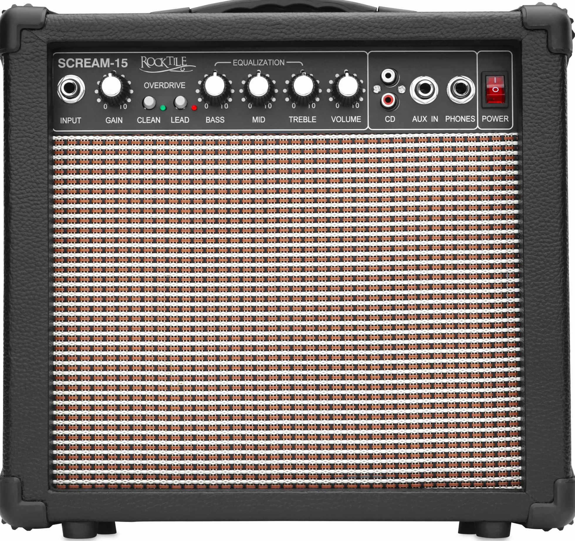 Amplificador Mini Combo Rocktile Scream 15 (15 Vatios, 2 Canales, Portátil, Entrada AUX para MP3/CD, Ecualizador De 3 Bandas, Salida para Auriculares)