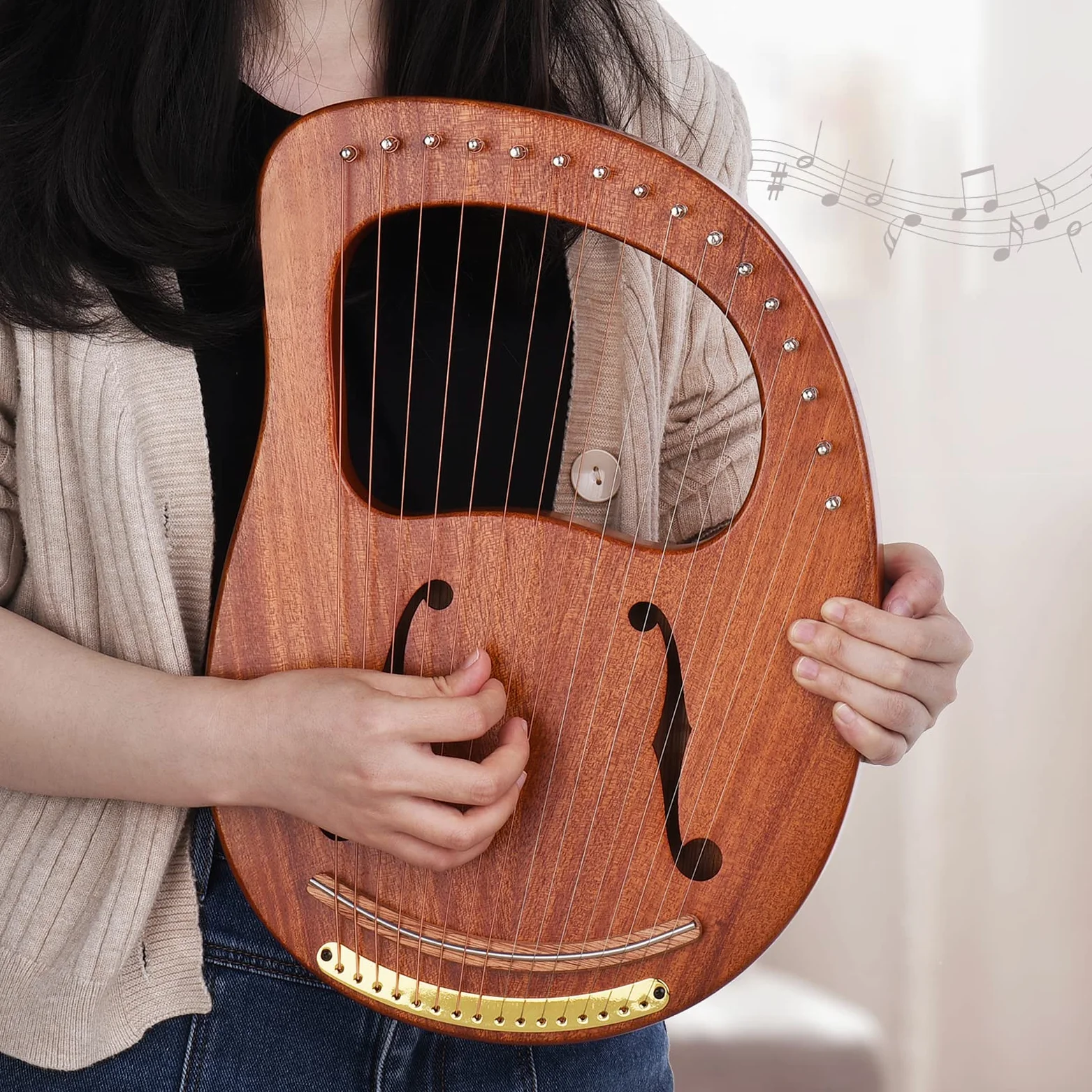 Arpa de lira, WH-16 Arpa de lira de madera de 16 cuerdas, cuerdas de metal, instrumento de cuerda de madera maciza con bolsa de transporte, llave de afinación, limpieza de cuerdas de repuesto, libro