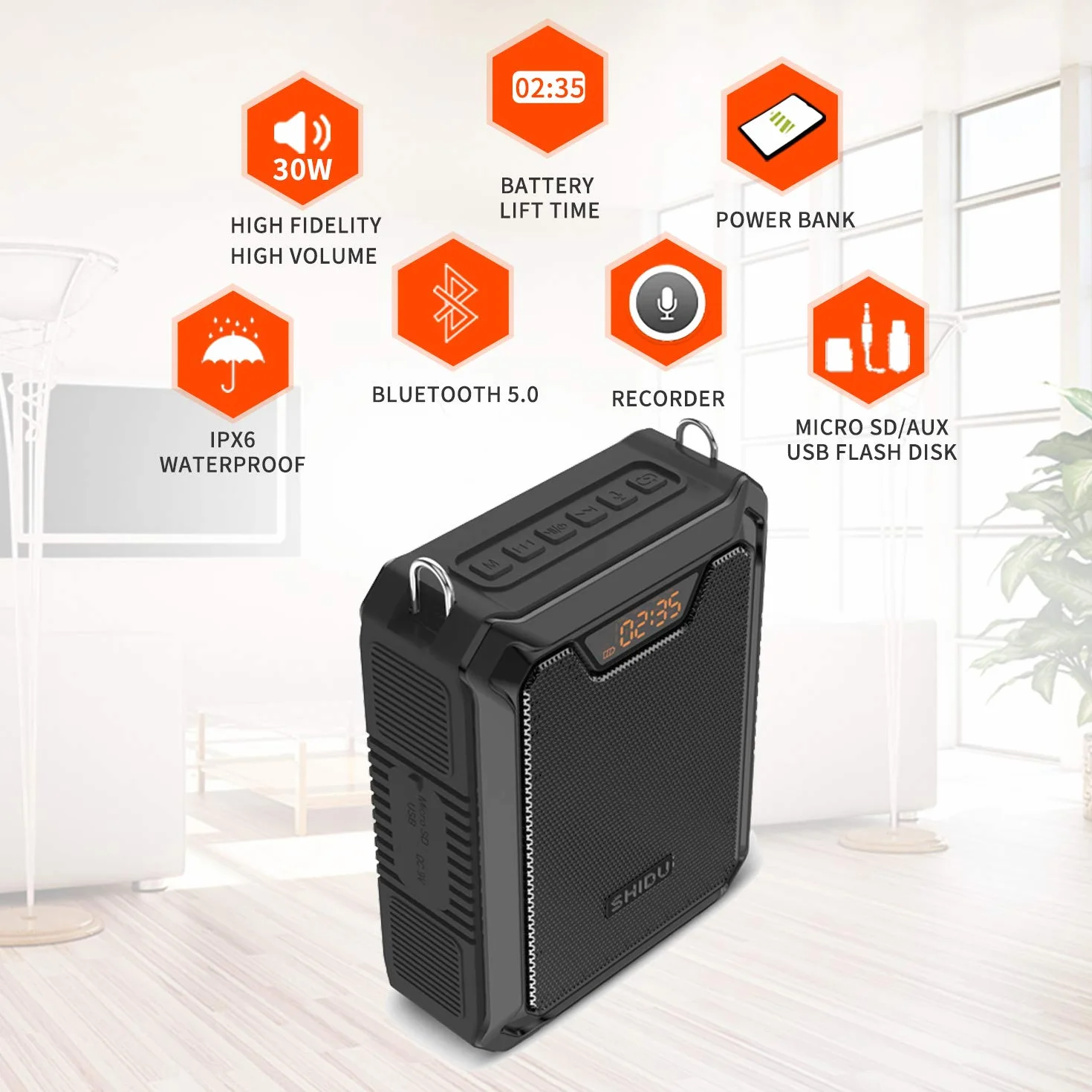 Amplificador de Voz, SHIDU 30W Altavoz de Voz Altavoz Bluetooth portátil con micrófono inalámbrico UHF y micrófono con Cable Auriculares IPX6 Sistema PA Recargable Impermeable para Profesores