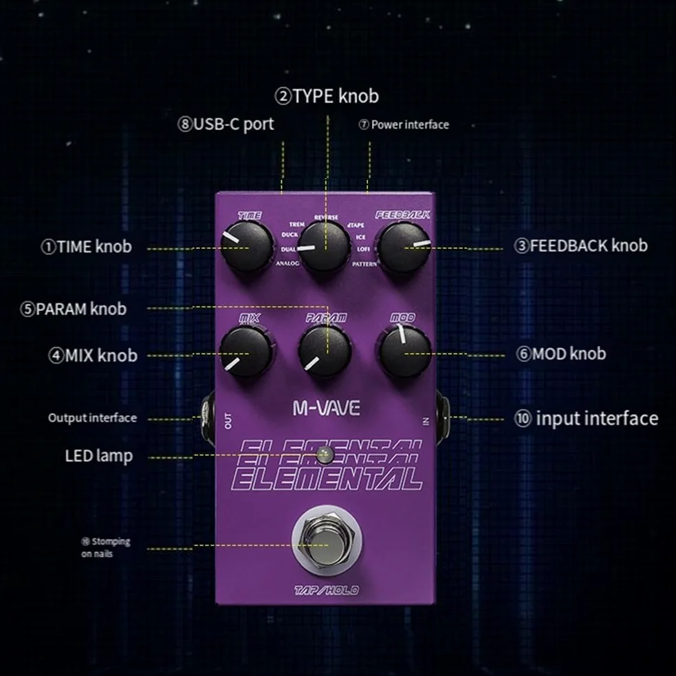 Pedal de efectos de bajo de guitarra de retardo y reverberación, pedal de retardo digital, pedal elemental para M-vave 9 diferentes efectos de guitarra Supporr para TAP