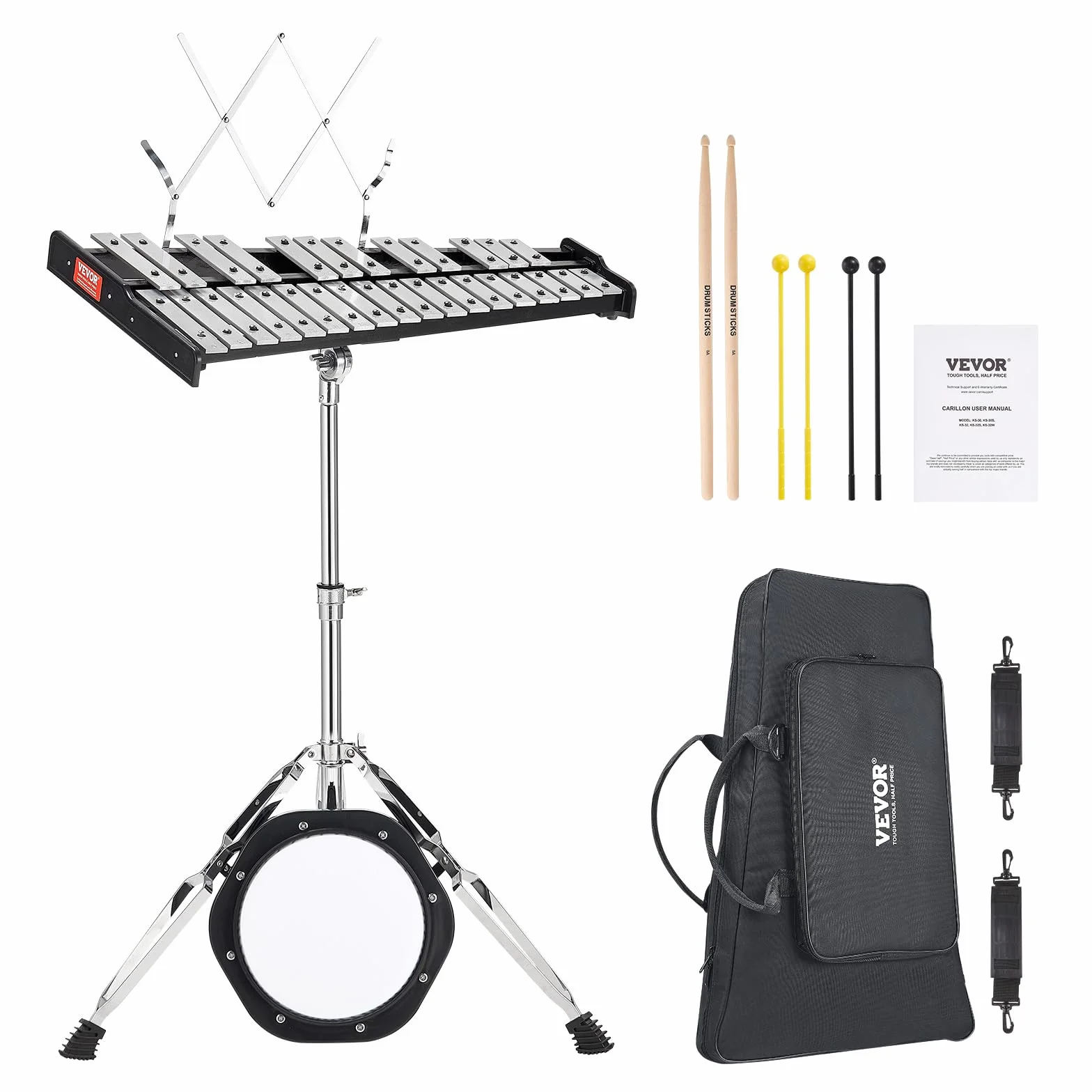 VEVOR Kit de Campana de Xilófono Glockenspiel de 30 Notas Instrumento de Percusión con Mazos, Baquetas, Atril, Almohadilla de Práctica, Soporte Ajustable y Bolsa de Transporte para Estudiante, Adulto
