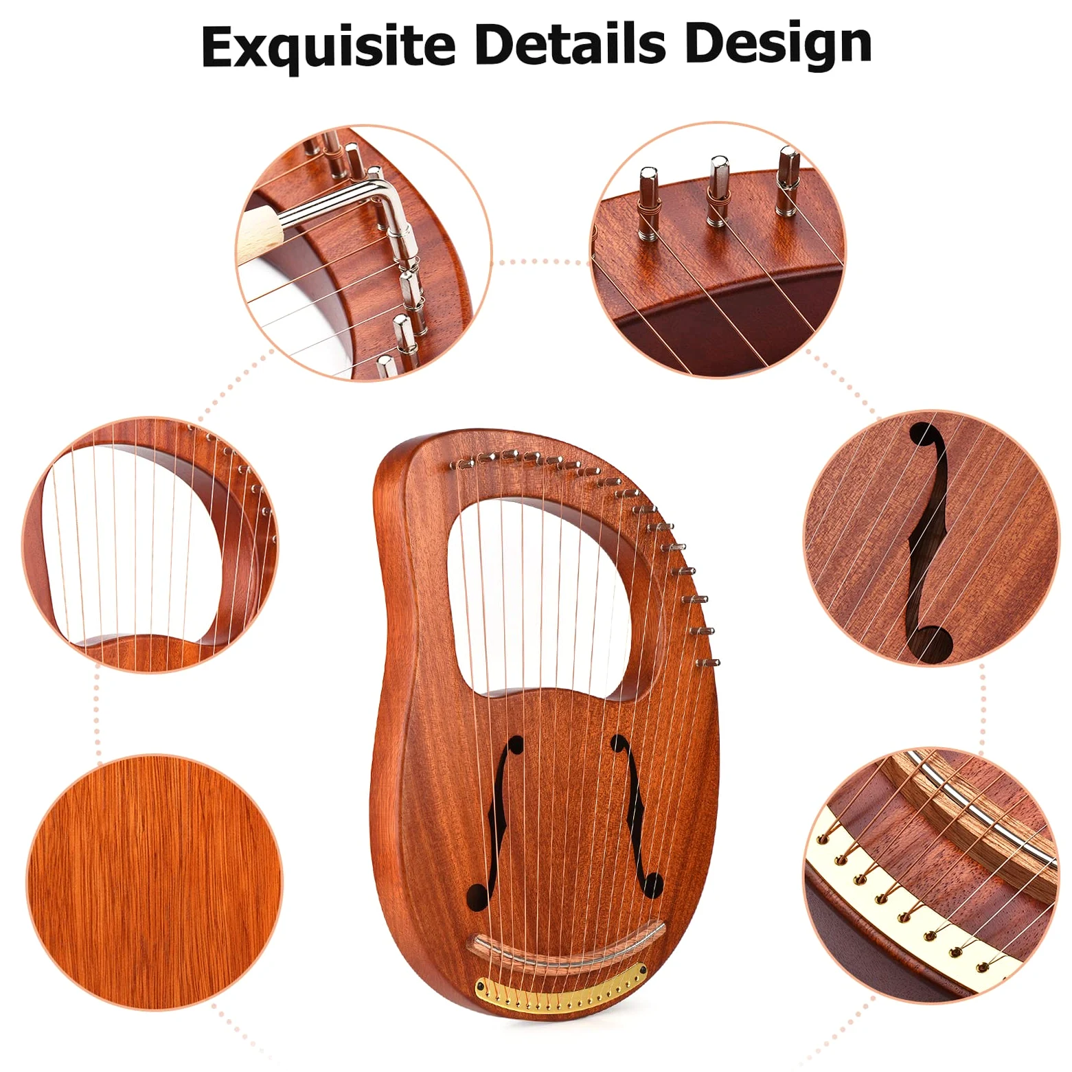 Arpa de lira, WH-16 Arpa de lira de madera de 16 cuerdas, cuerdas de metal, instrumento de cuerda de madera maciza con bolsa de transporte, llave de afinación, limpieza de cuerdas de repuesto, libro
