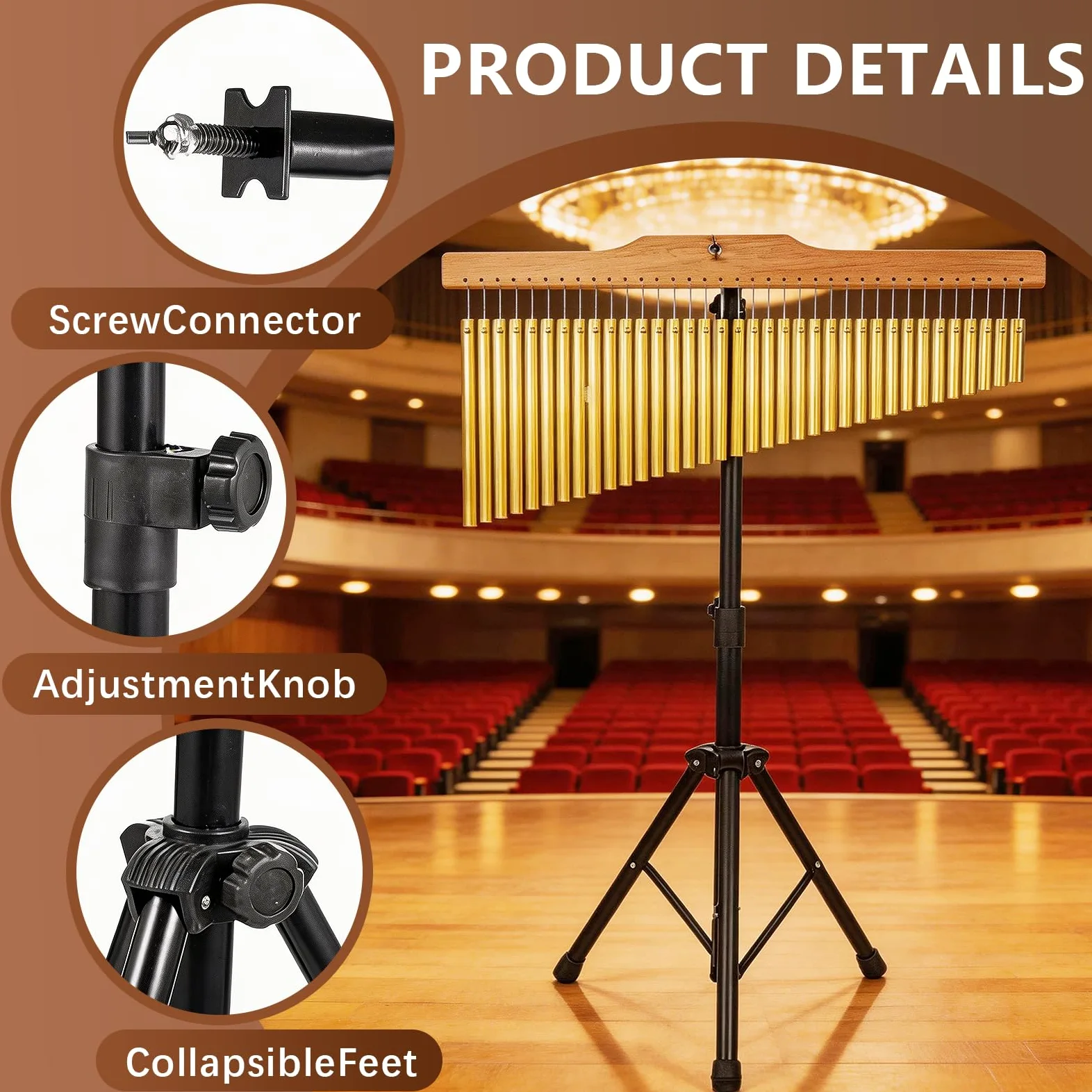 Bar Chimes 36 Tonos, Cortinilla de Percusión con Soporte Ajustable 72-115cm Campanas de Viento Profesionales de Aluminio con Marco de Madera y Baqueta para Banda Escuela Estudio Meditación